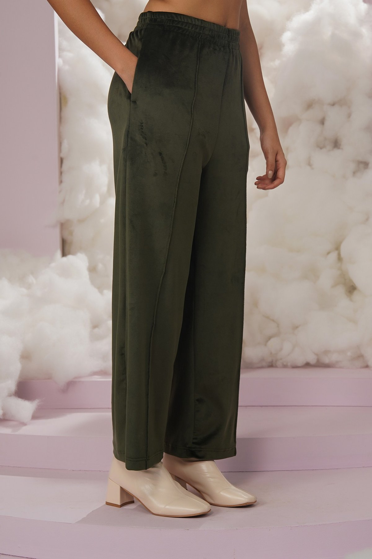 Olive Velvet Wide-Leg Pull-On Trousers