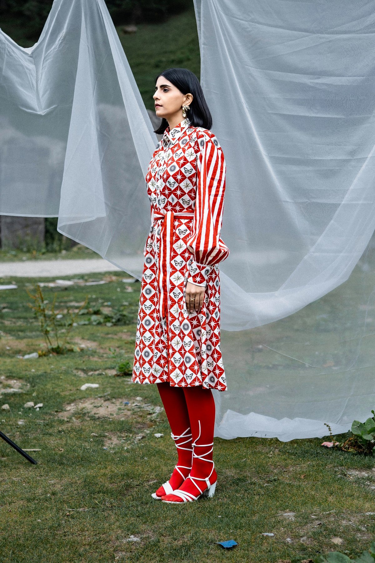 Red and White Printed Midi Shirt Dress with Belt