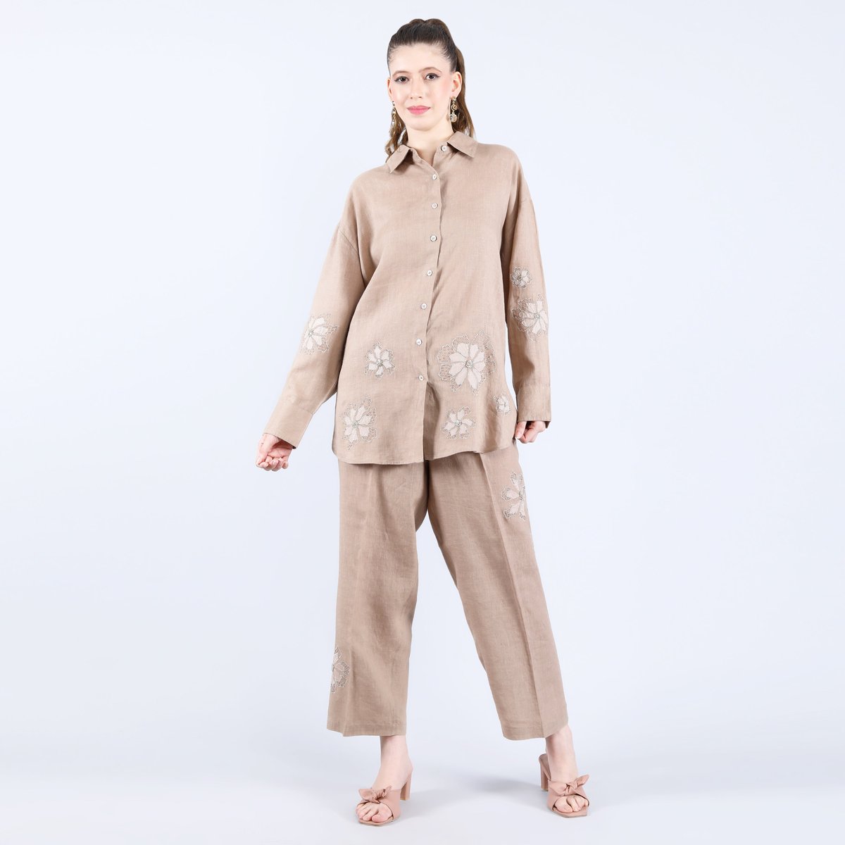 Khaki Linen Shirt and Pants Co-ord Set with Sequin Detail