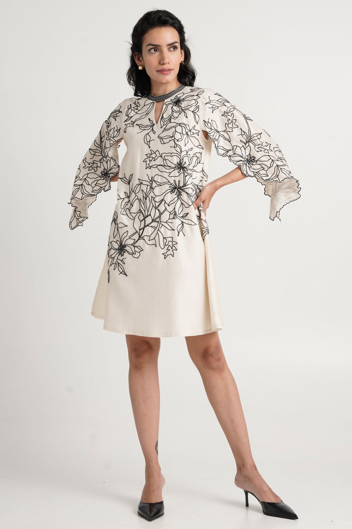 White Monochrome Embroidered Shift Dress with Cape Sleeves