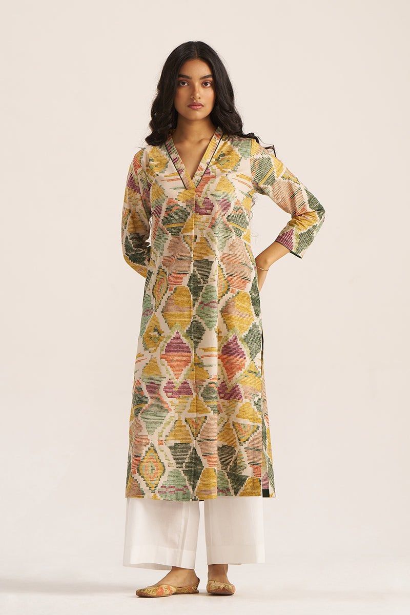 Moss Green Mustard Geometric Print Cotton Kurta
