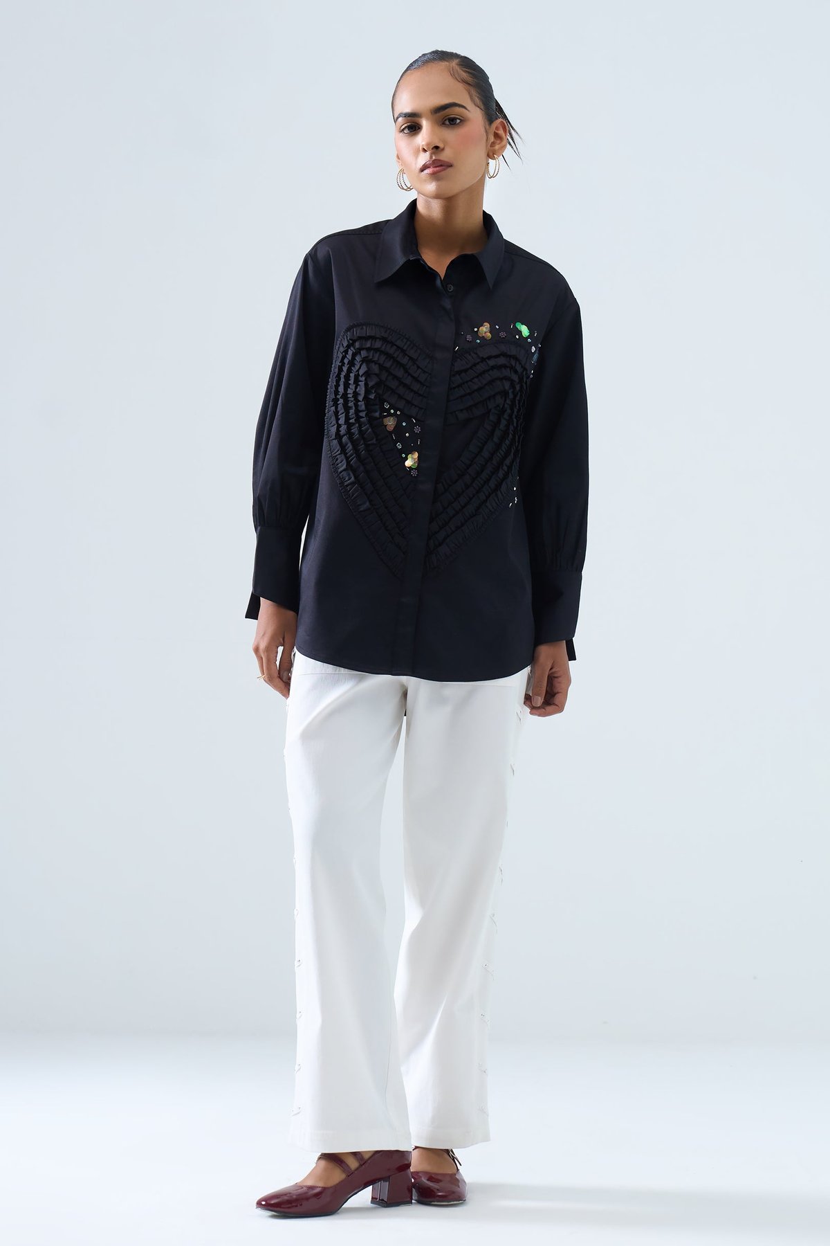 Black Button-Down Shirt with Textured Heart Detail