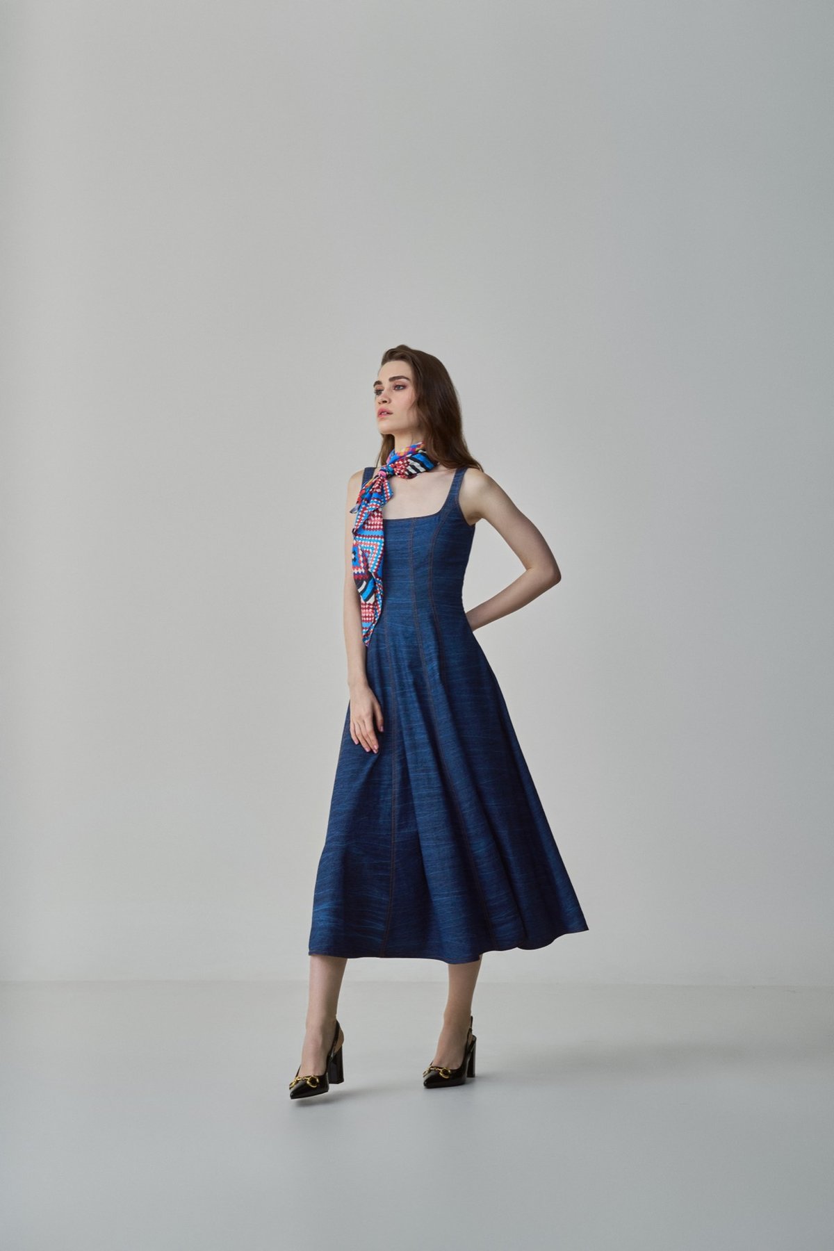 Blue Denim Fit and Flare Square Neck Midi Dress