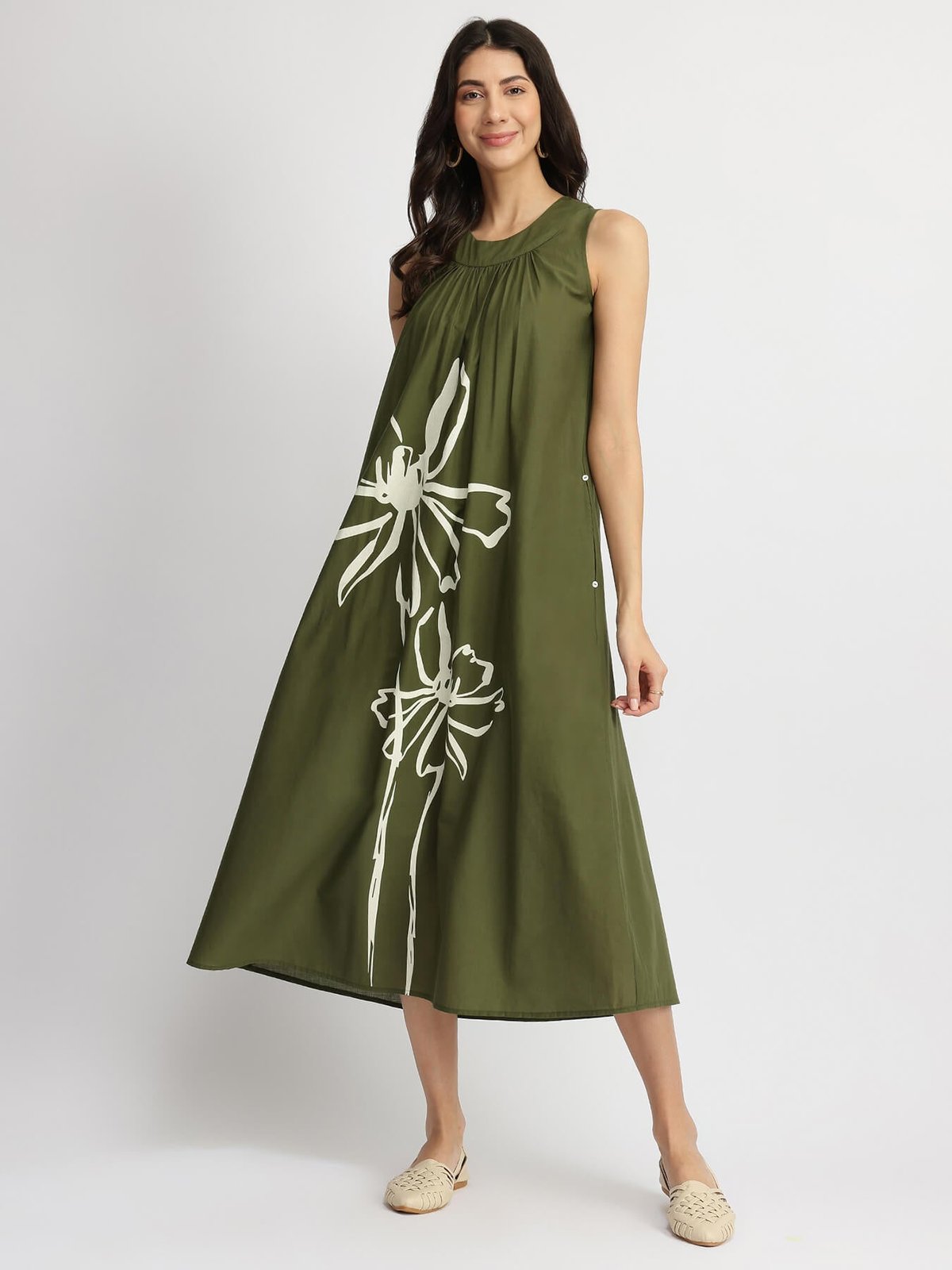 Olive Cotton Floral Placement Print A-Line Midi Dress