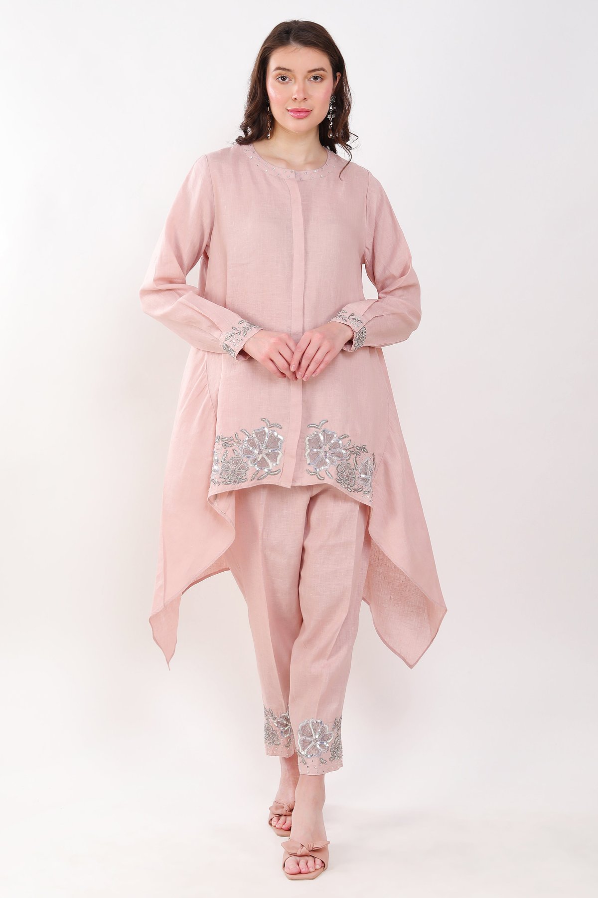 Pink Linen Sequin Embroidery Tunic and Pants Co-ord Set