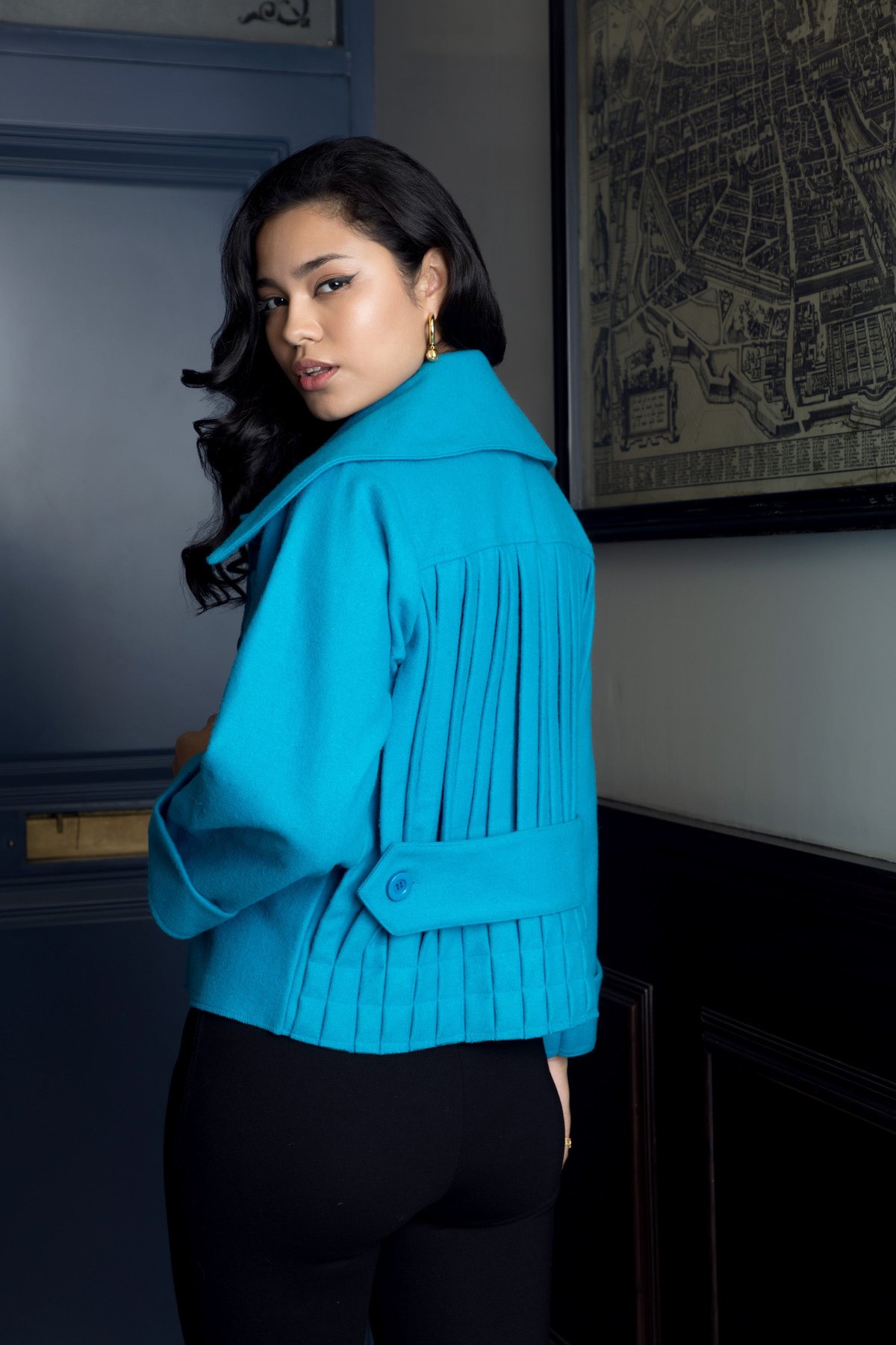 Turquoise Cropped Wool-Blend Jacket with 3D Floral Detail