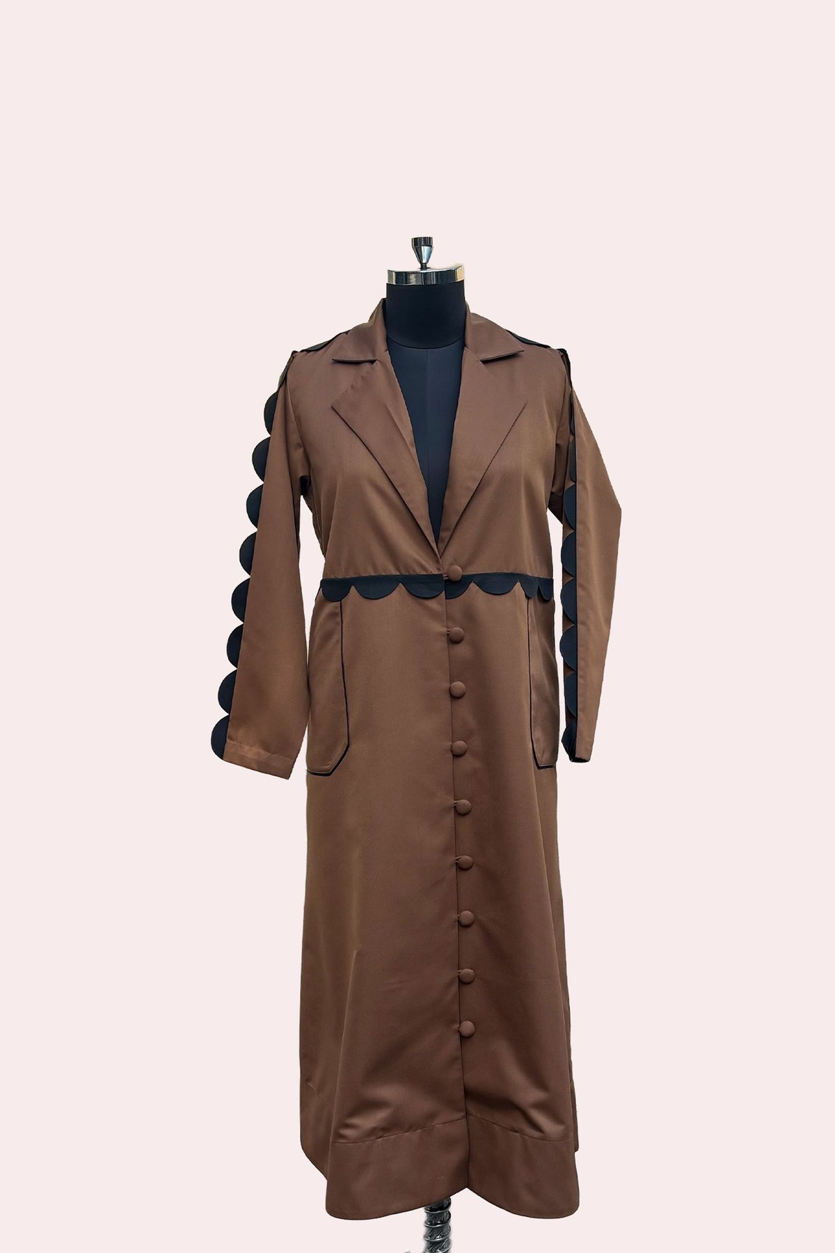 Tan Longline Button-Down Trench Coat with Scallop Detail