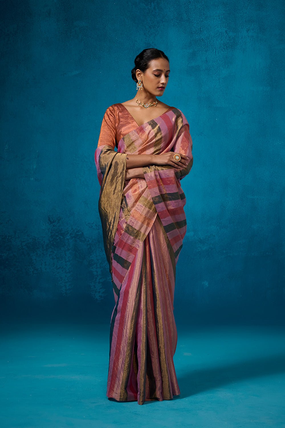 Multicolor Striped Chanderi Zari Saree with Blouse Piece