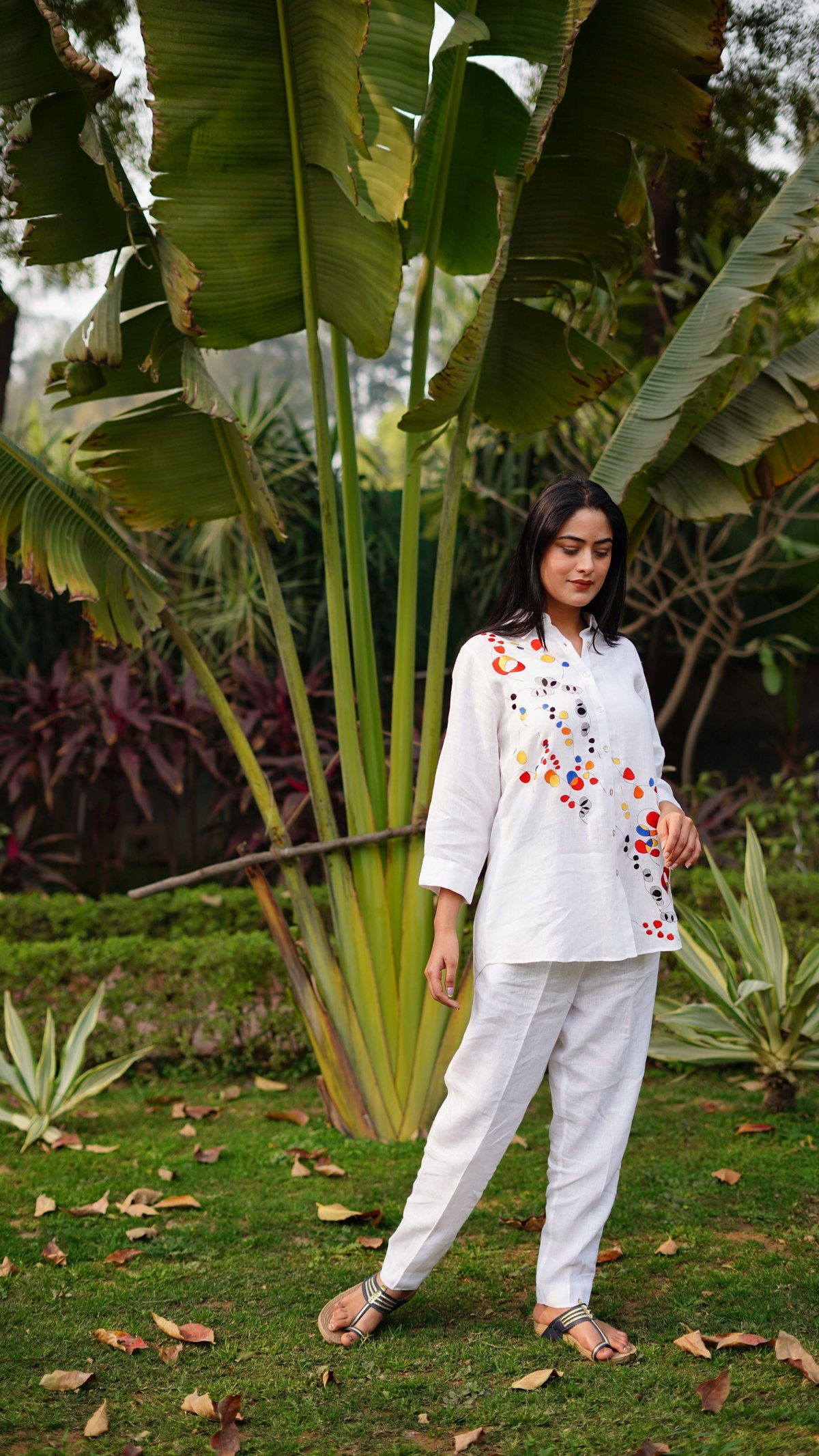 White Linen Shirt with Multicolour Embroidery