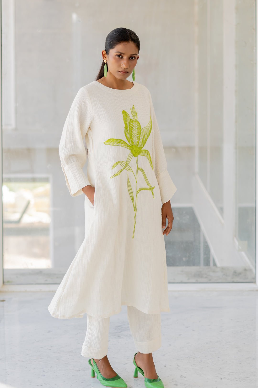 White Cotton Embroidered A-Line Kurta
