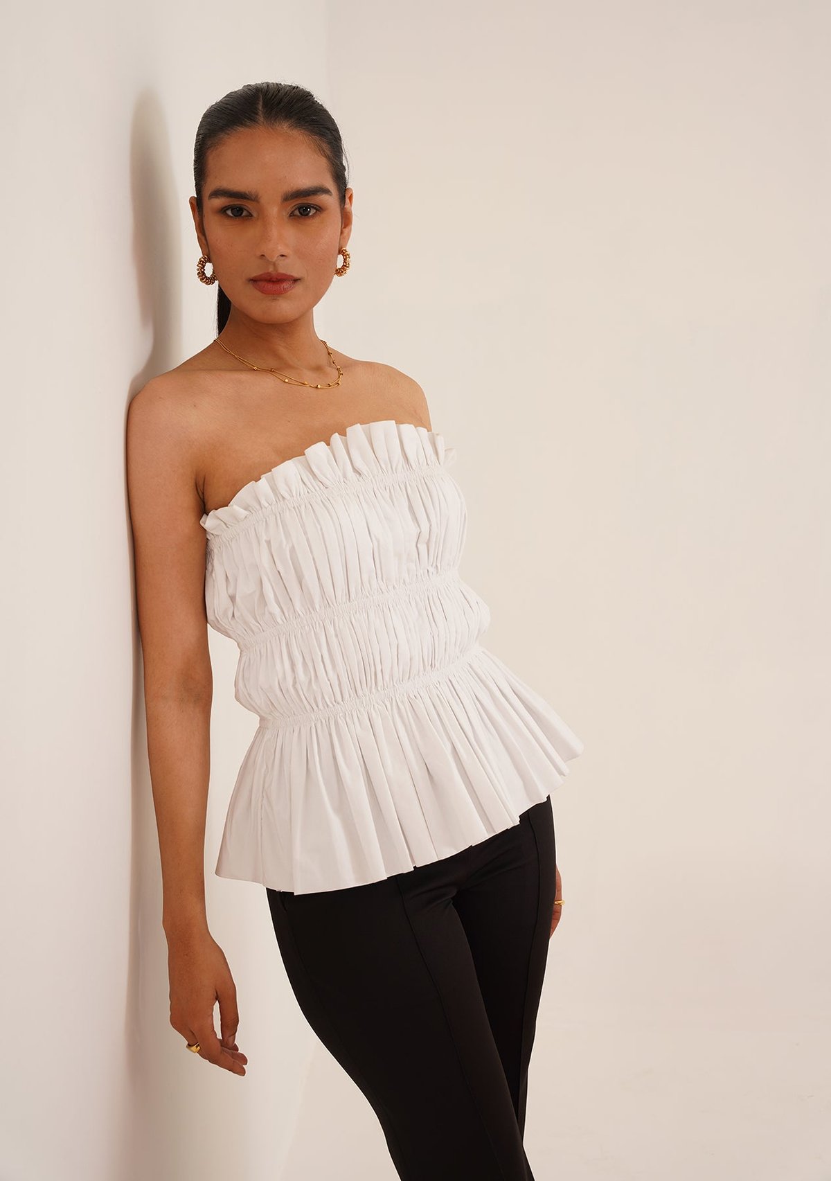 White Strapless Smocked Peplum Cotton Top