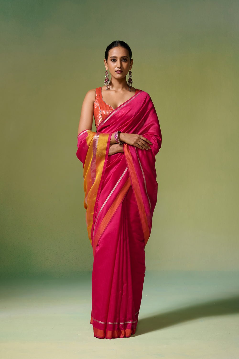 Deep Pink Chanderi Saree with Zari and Orange-Gold Border