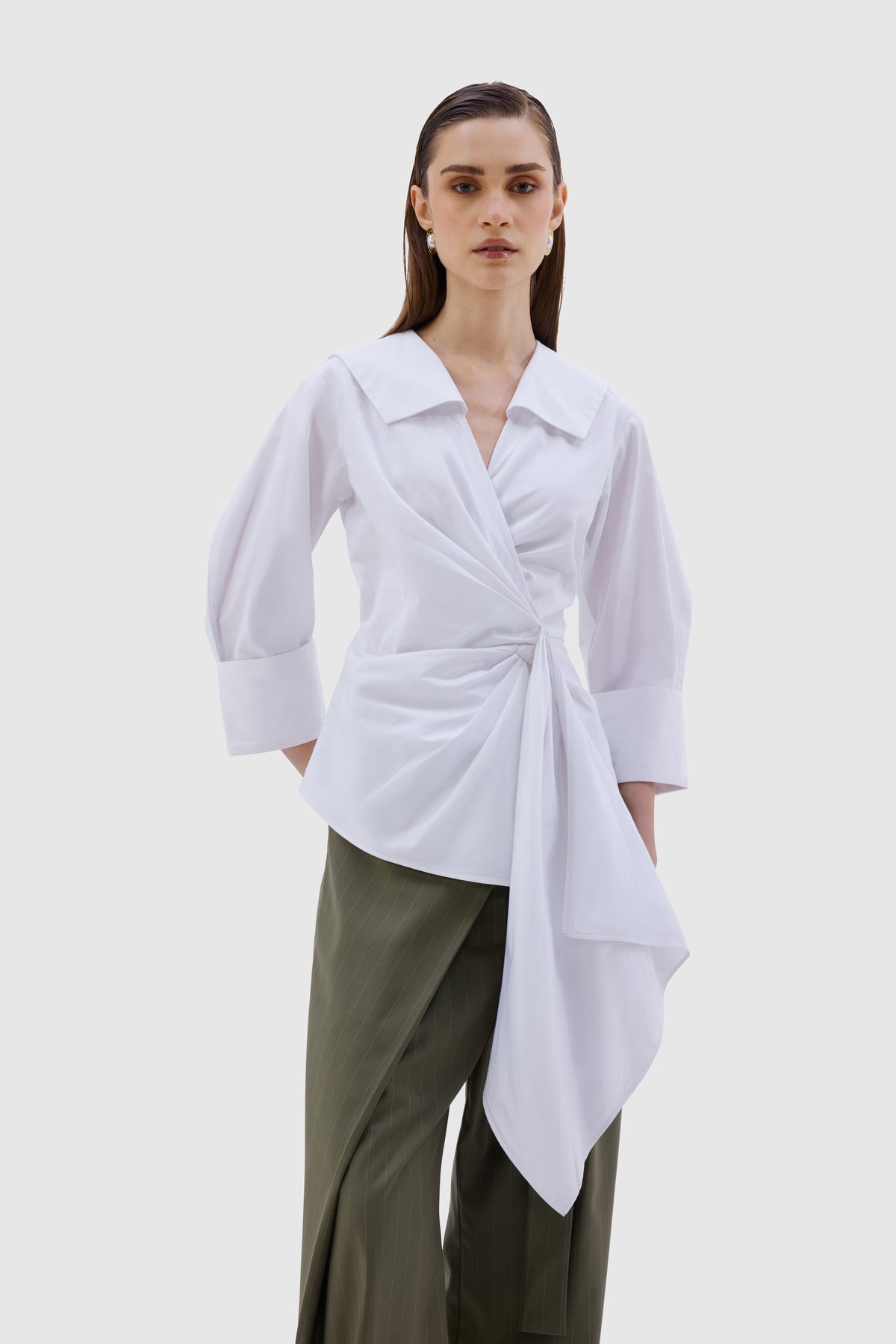 White Cotton Poplin Wrap Shirt with Waist Tie