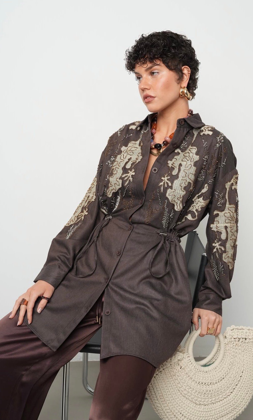 Brown Longline Embroidered & Embellished Shirt