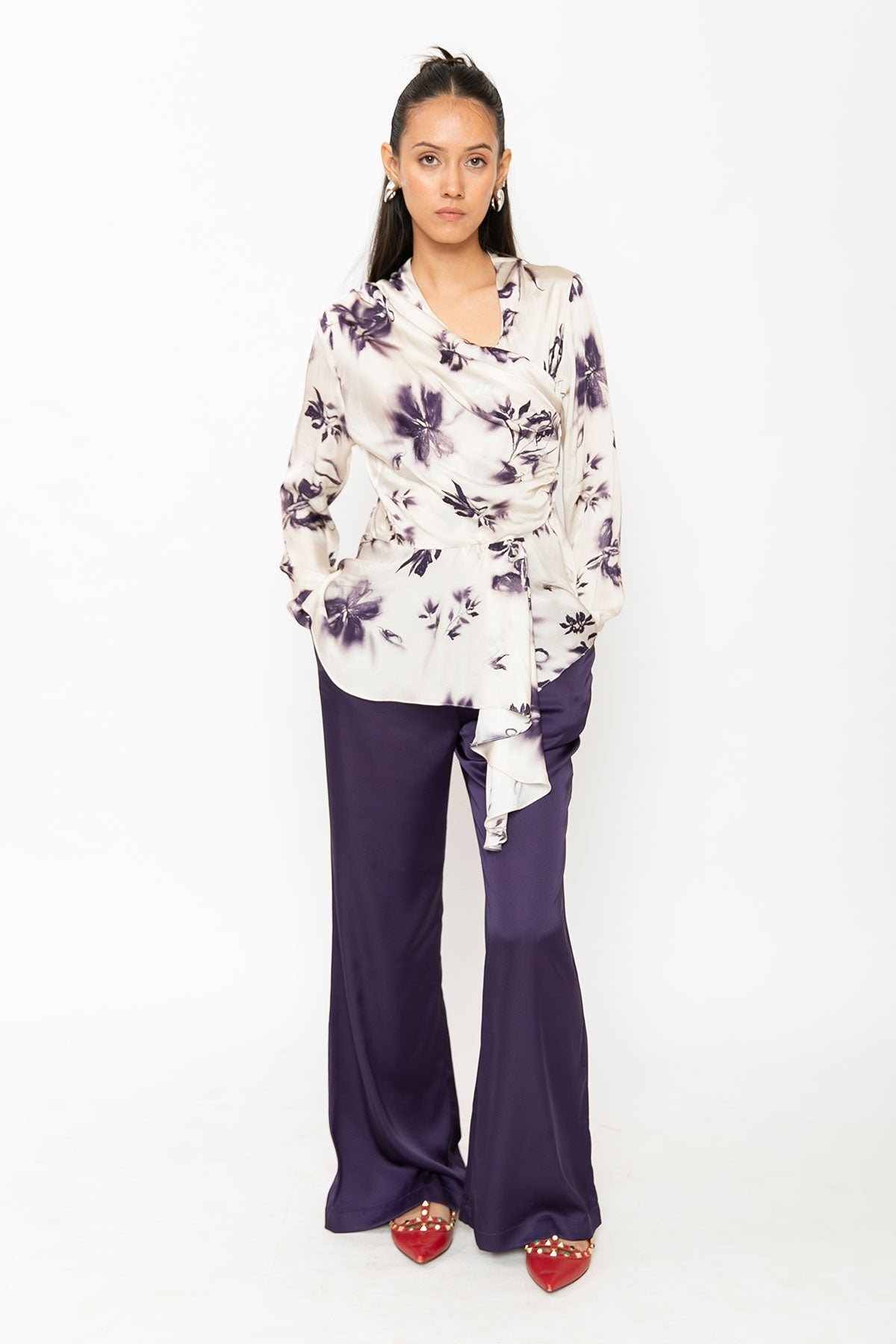 Cream Floral Wrap Peplum Top with Full Sleeves