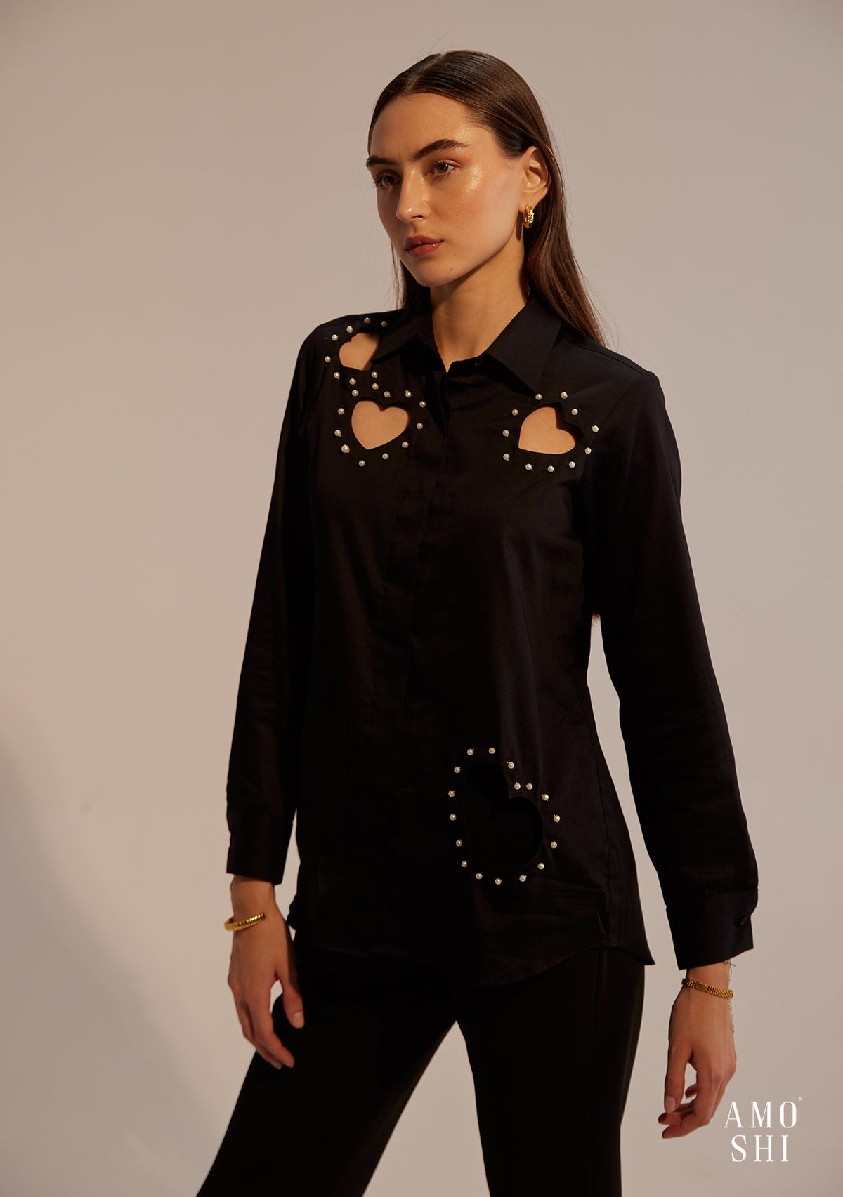 Black Cotton Relaxed-Fit Shirt with Heart Cut-Outs