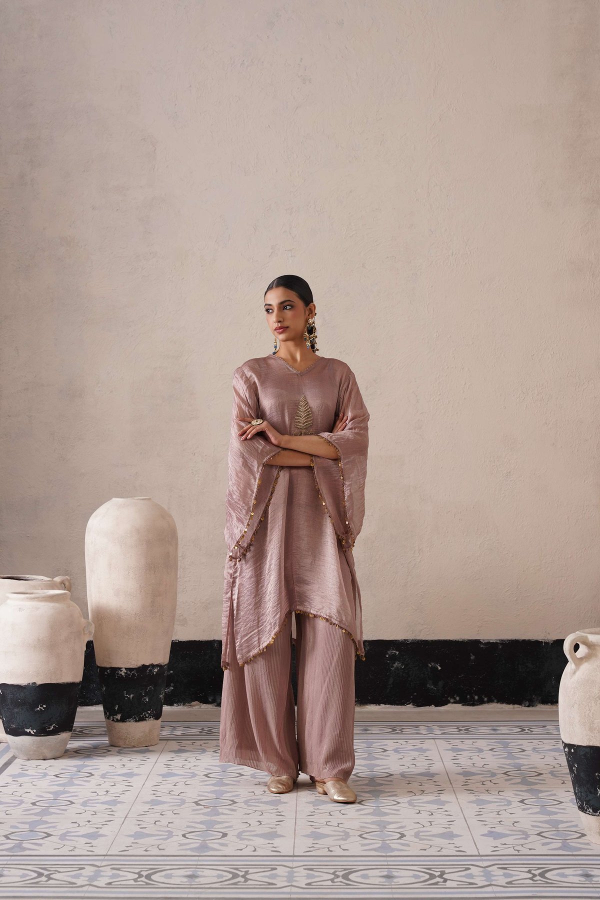 Dusty Mauve Tissue Organza Kaftan Kurta Set