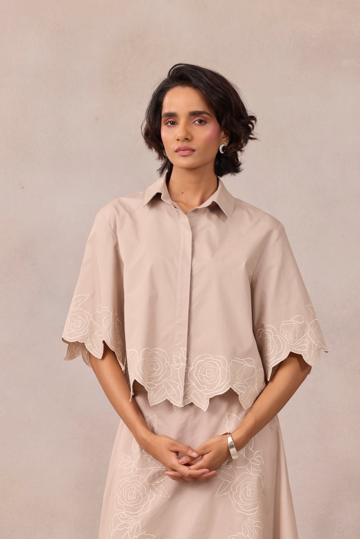 Ginger Beige Cotton Poplin Crop Shirt with Cutwork Hem