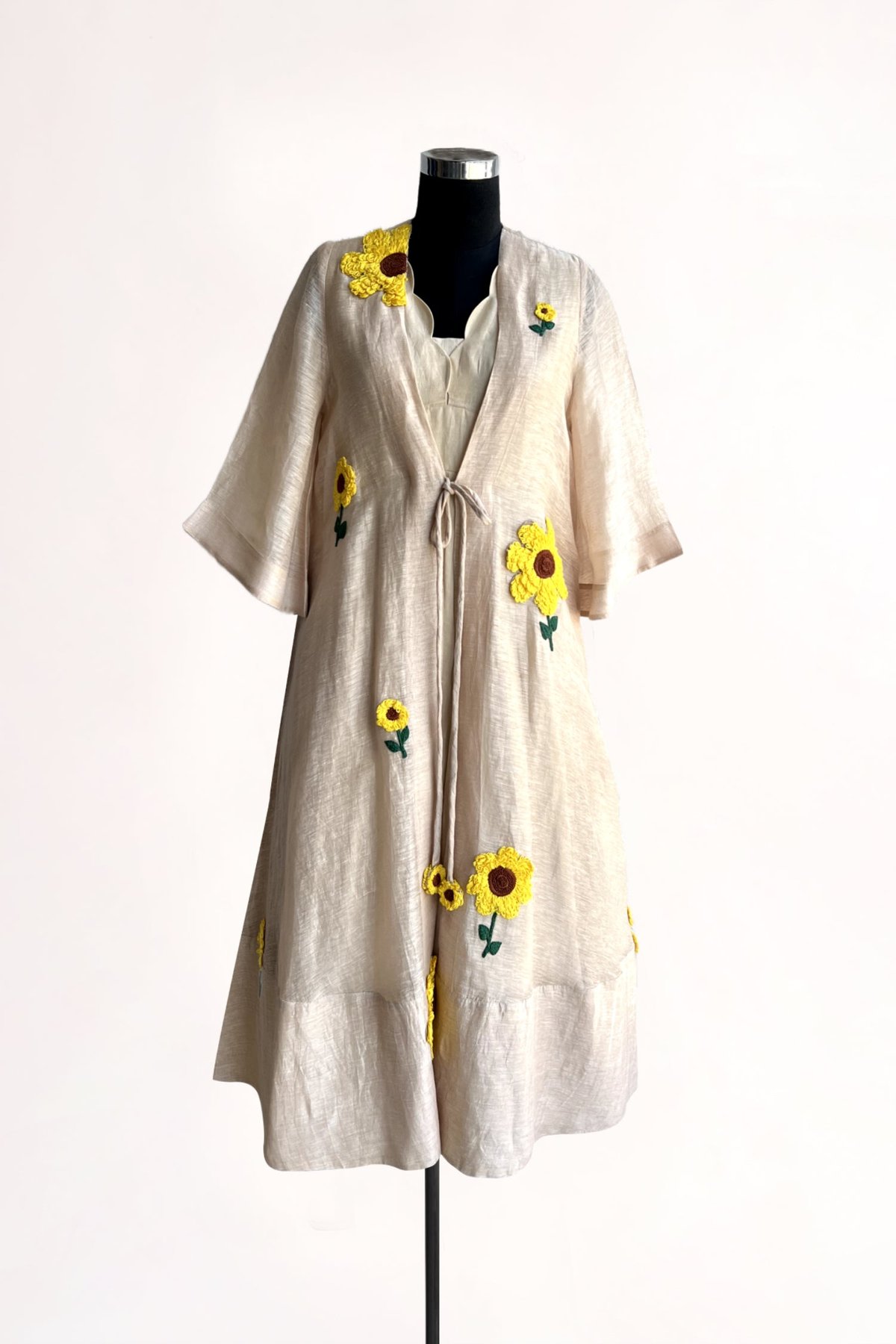 Ecru Midi Dress with Cape and Floral Embroidery