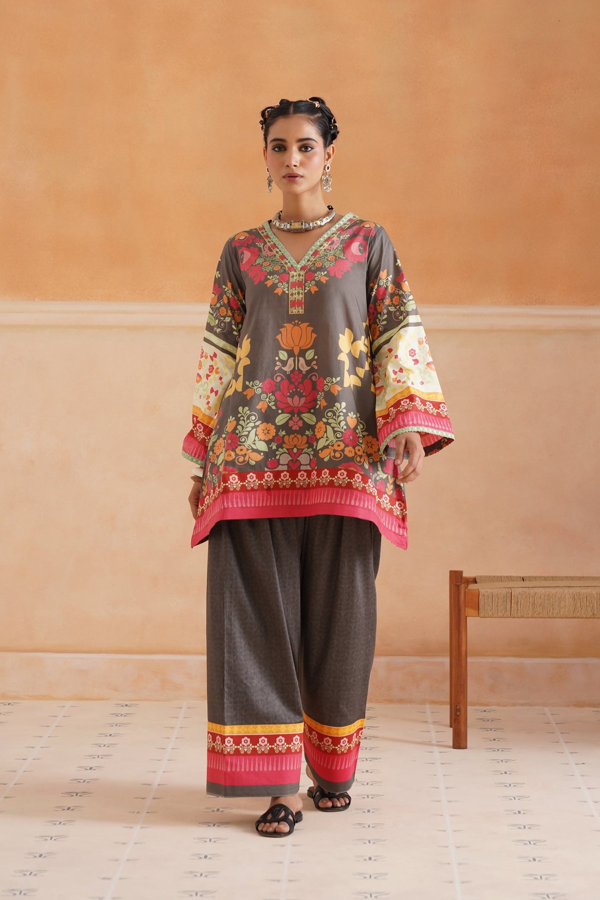 Charcoal Floral Printed Cotton Kurta Set with Dupatta
