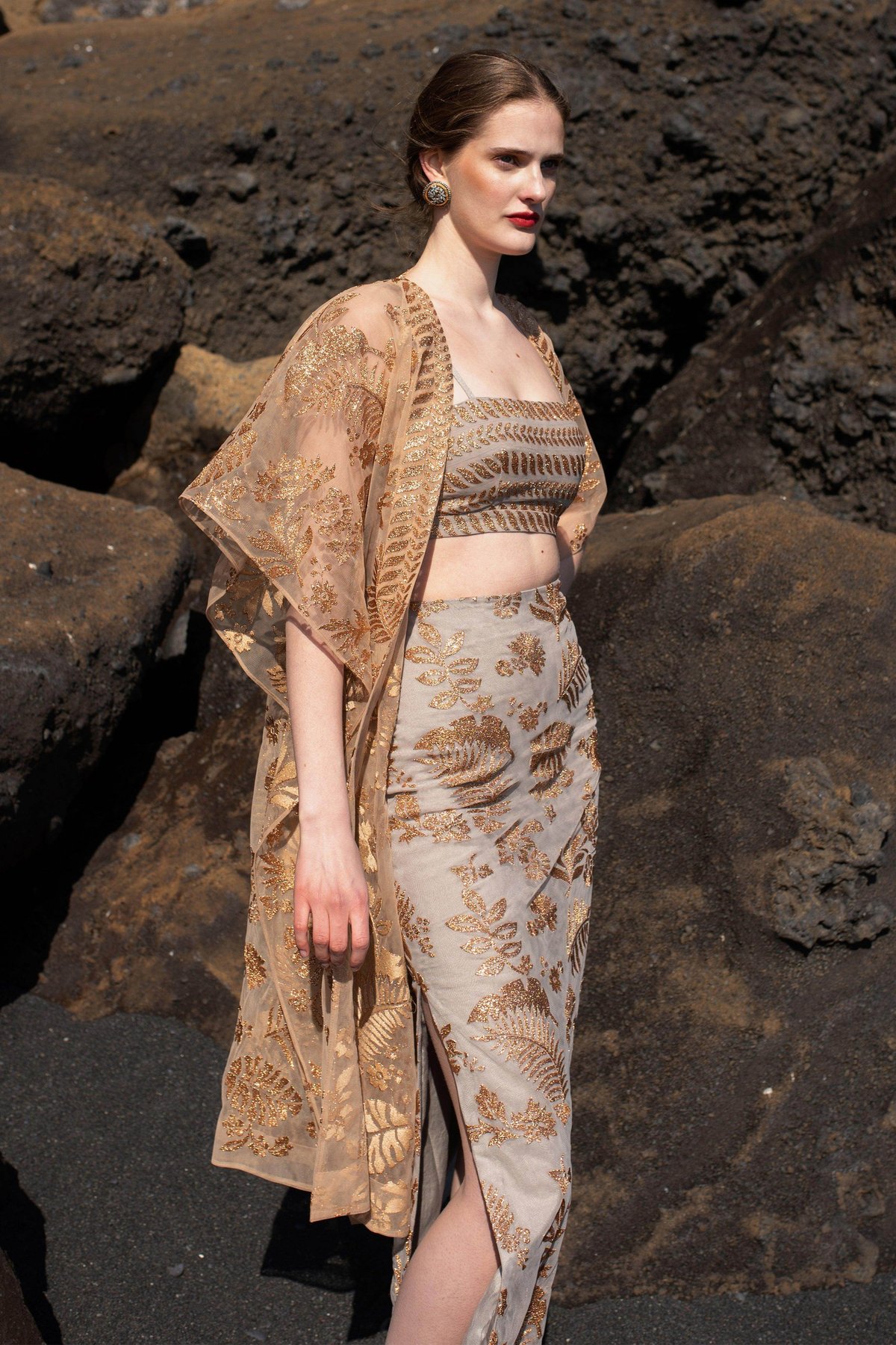 Copper and Silver Grey Metallic Embroidered Midi Skirt