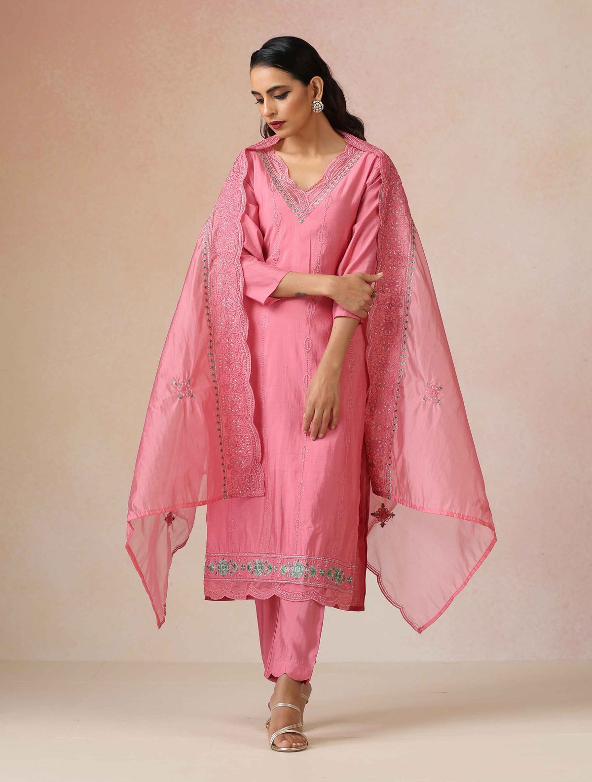Pink Embroidered Kurta Pant Dupatta Set