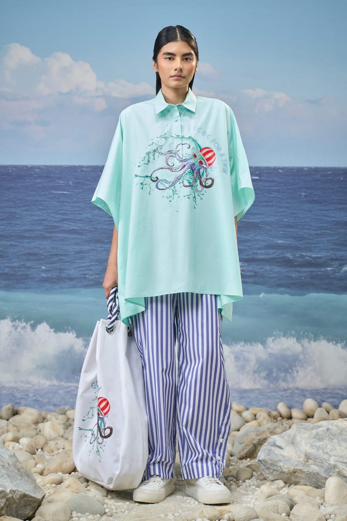 Oversized Printed Shirt Cotton - Mint Green