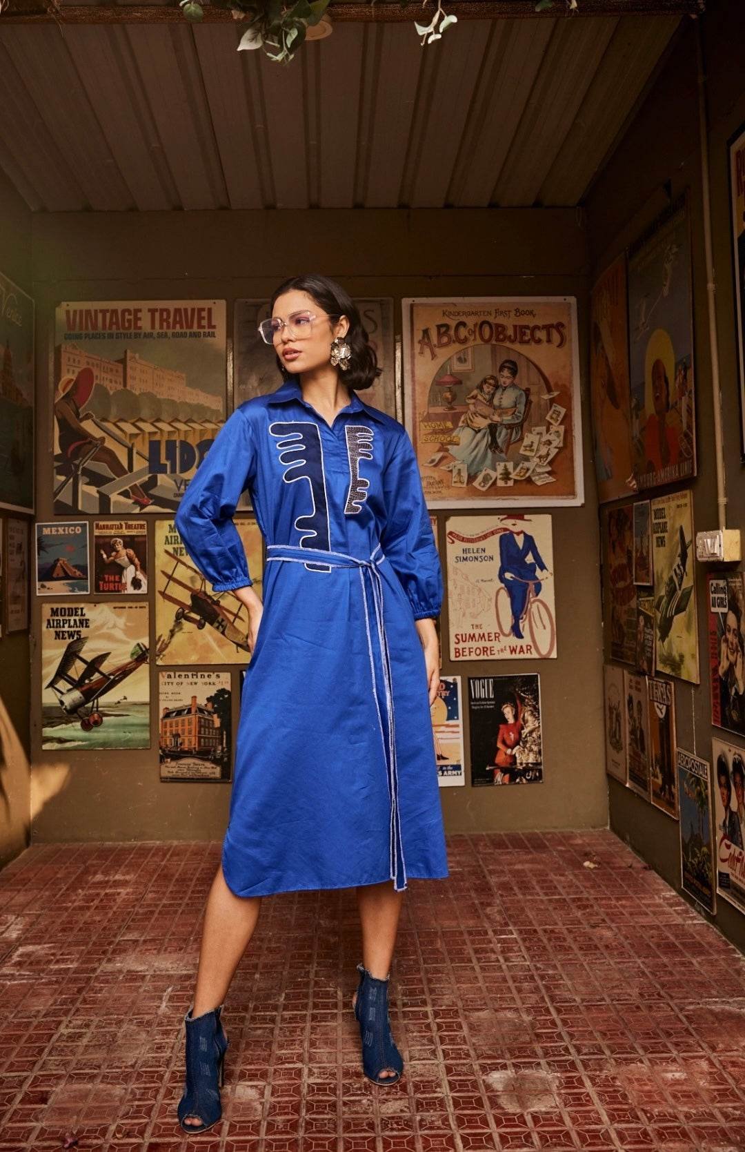 Textured Blue Shirt Dress