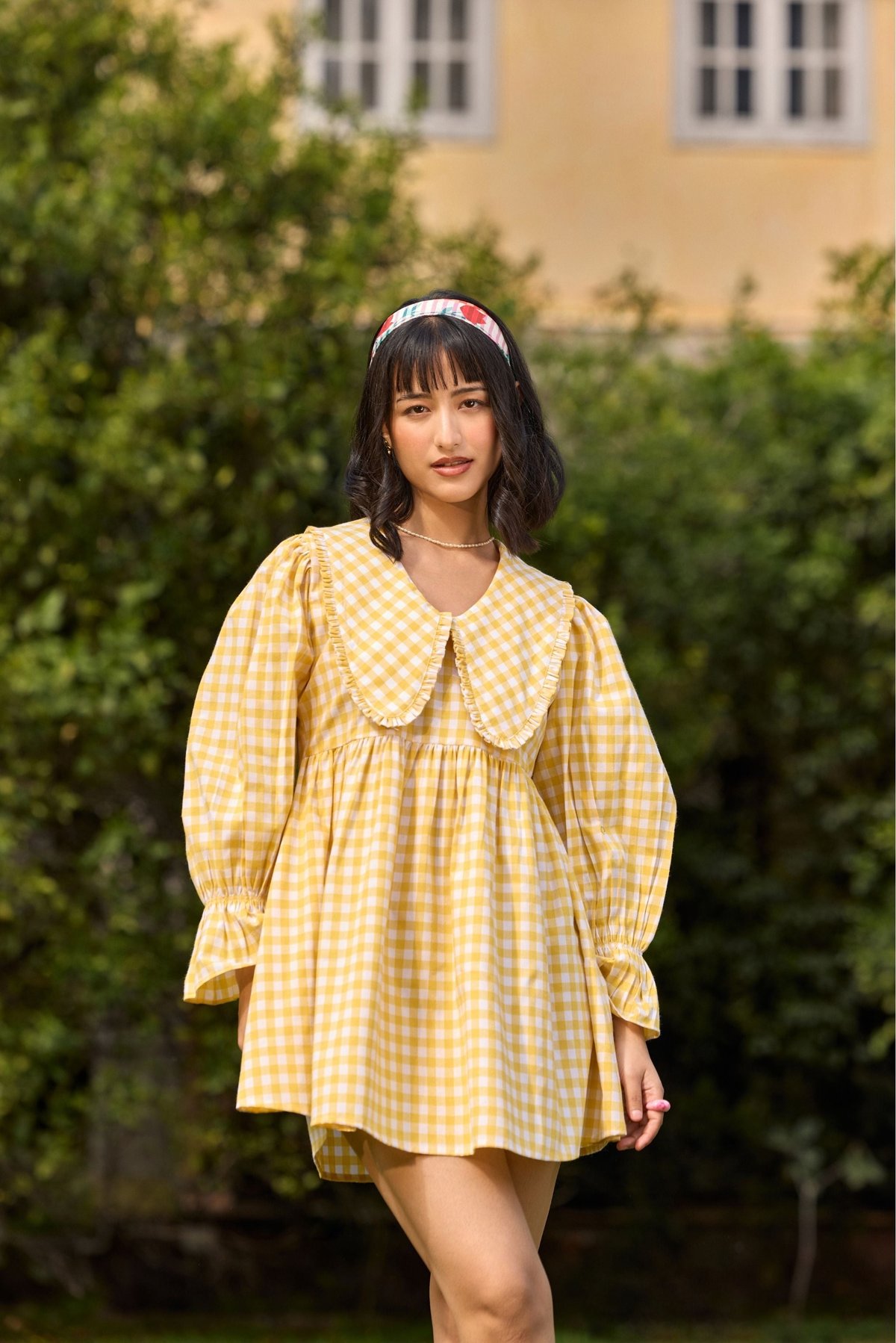 Yellow Gingham Smock Mini Dress with Peter Pan Collar