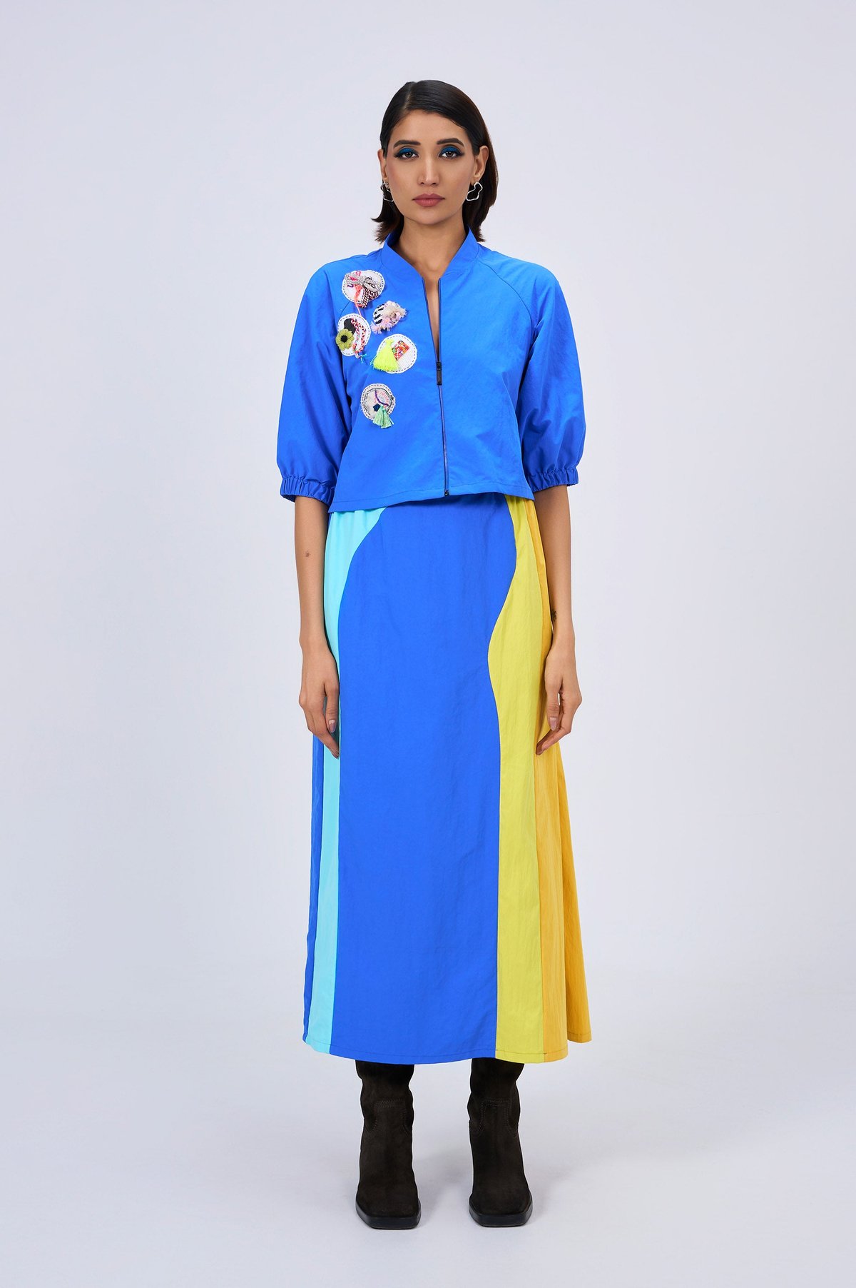Blue Zip-Front Crop Jacket and Colorblocked Maxi Skirt Co-ord