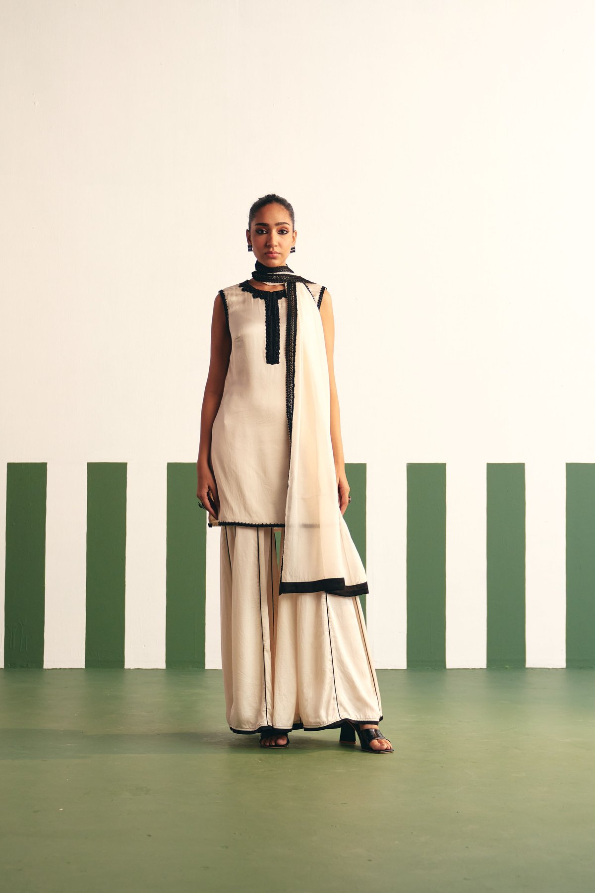 Ivory Kurta Garara Set with Contrast Lace and Dupatta