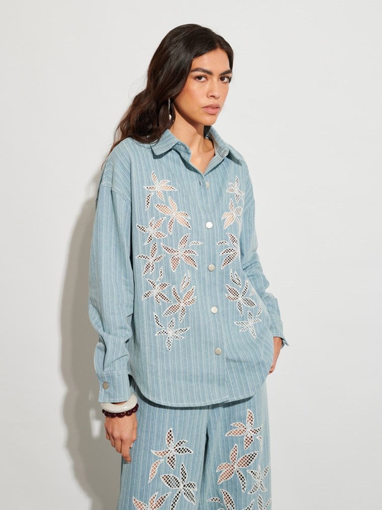 Washed Blue Striped Denim Shirt with Floral Cutwork