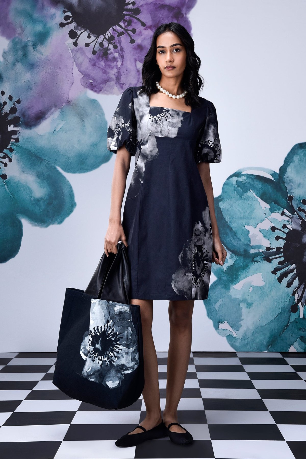 Black Grey Floral Square Neck Lace-Up Back Dress