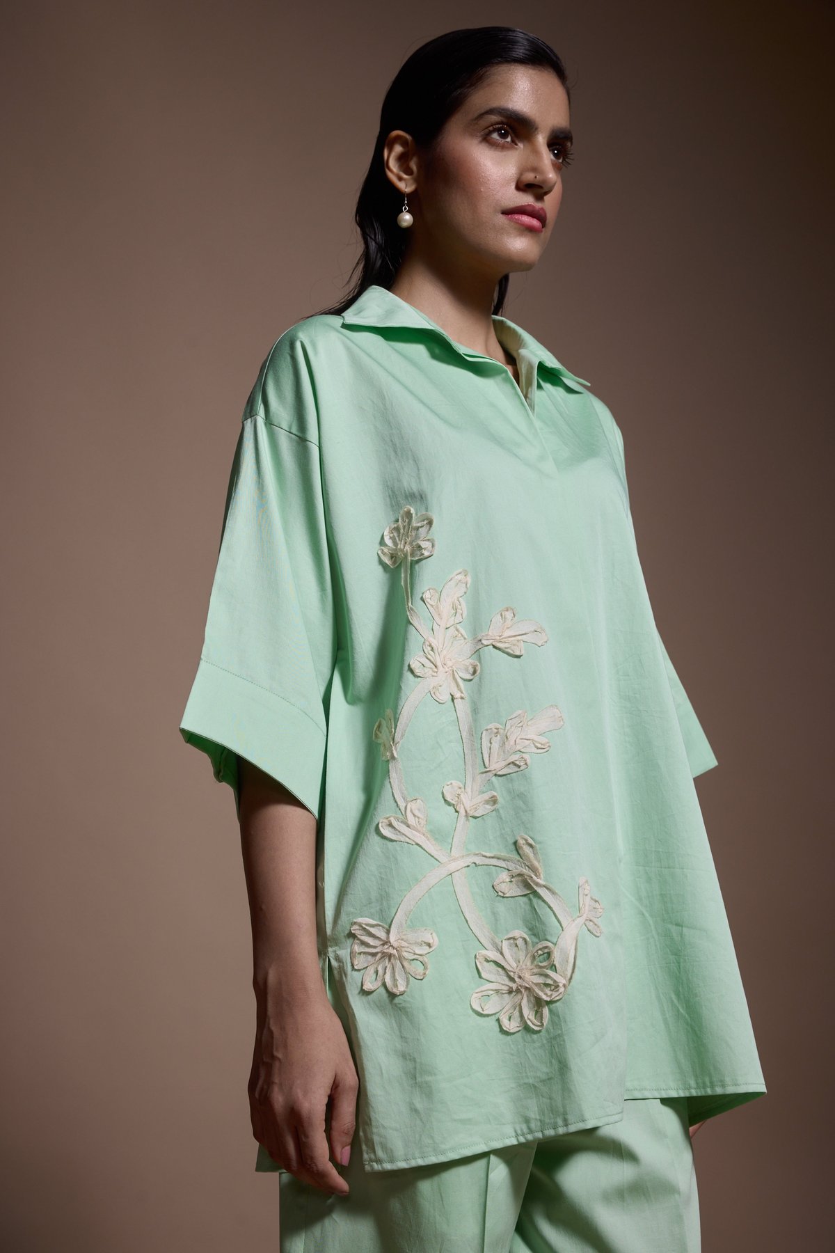 Pastel Green Boxy Shirt with Ribbon Embroidery