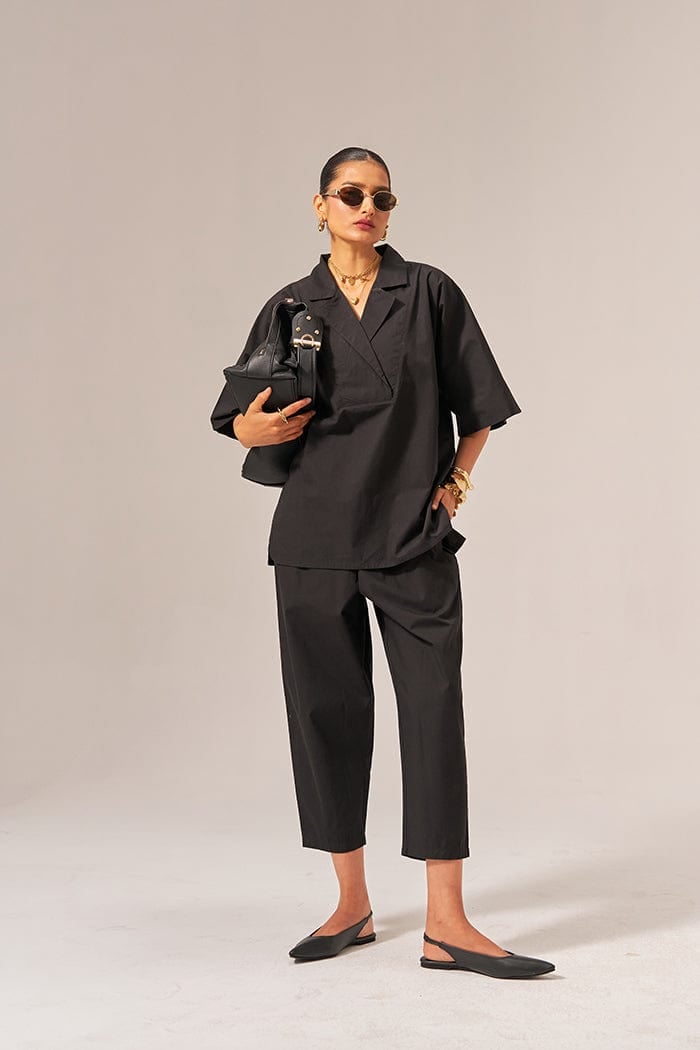 Black Cotton Poplin Shirt and Tapered Pants Co-ord Set