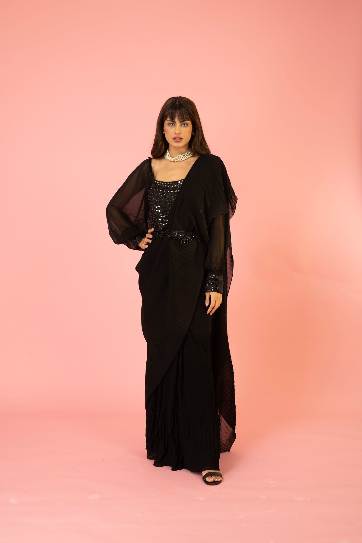 Black Pre-Draped Pleated Saree Set with Belt