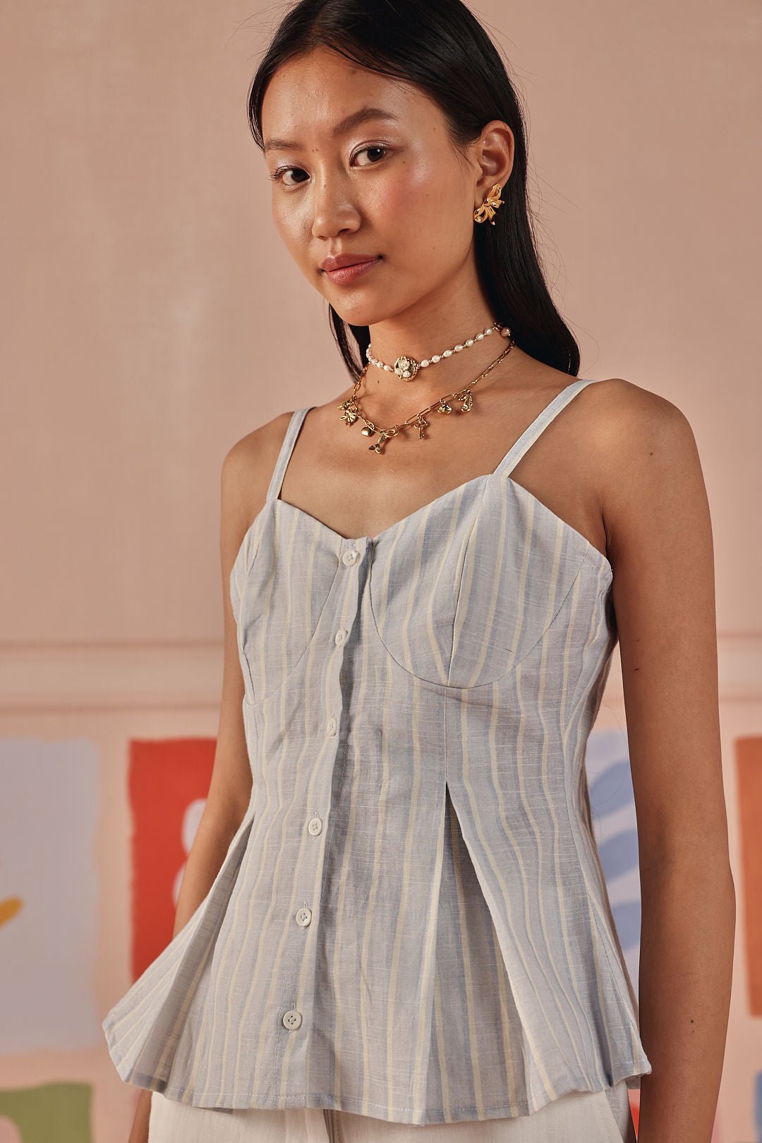 Blue Pinstripe Sweetheart Neck Peplum Top