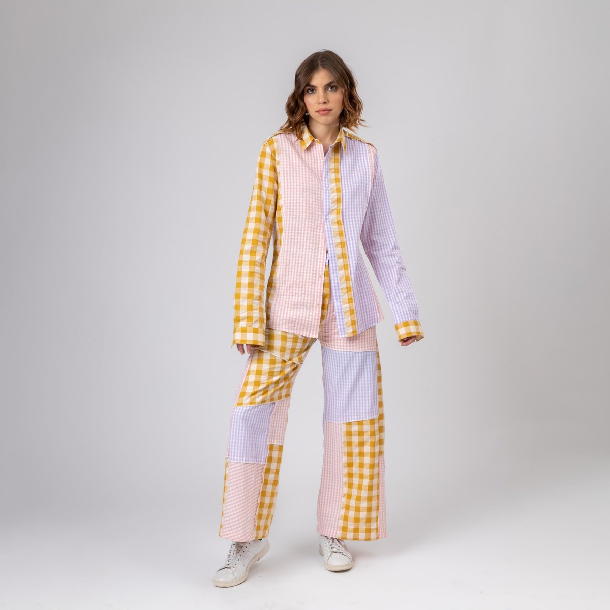 Multicolor Patchwork Checked Shirt and Flared Pants Co-ord Set