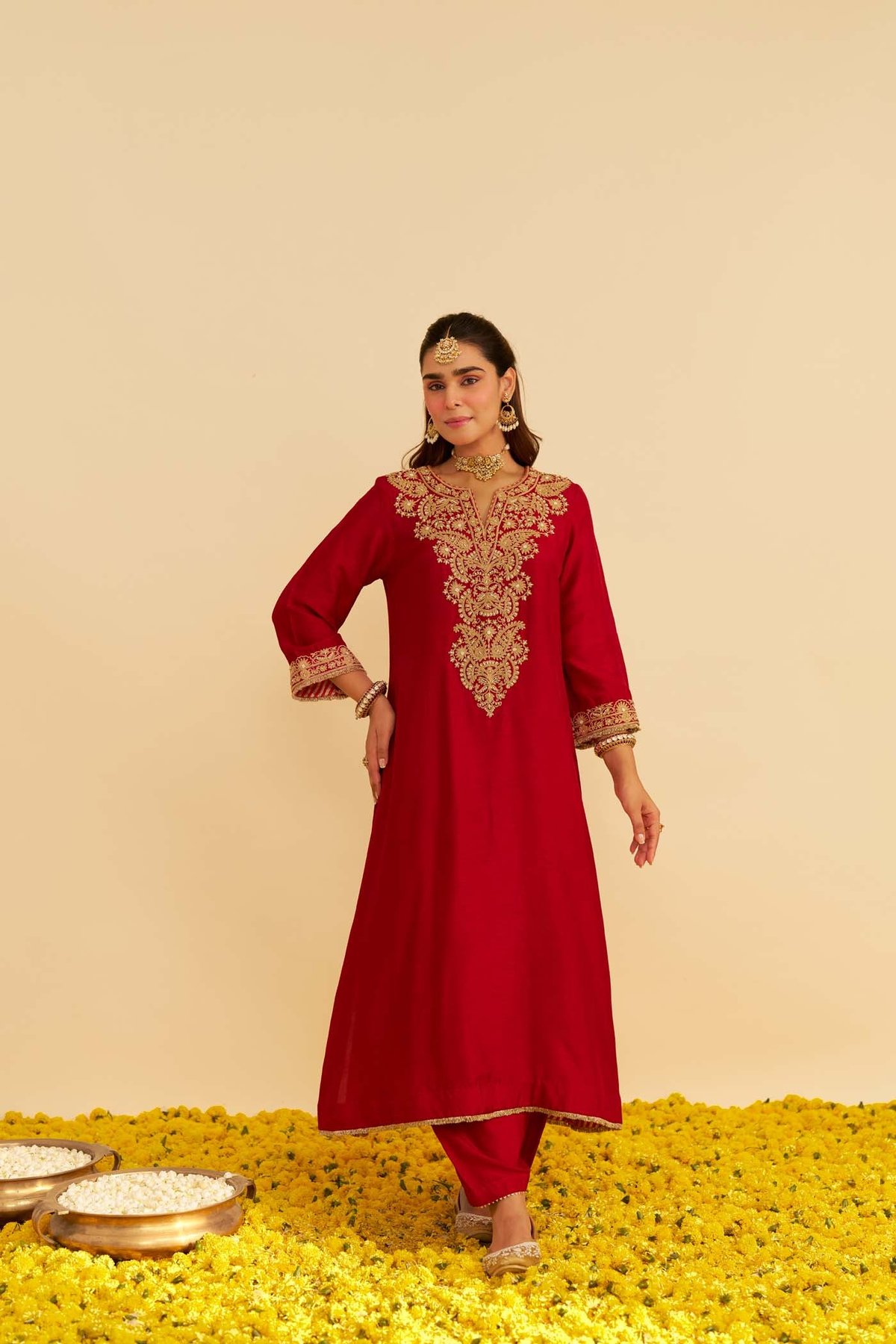 Deep Red Embroidered Long Kurta Set with Salwar