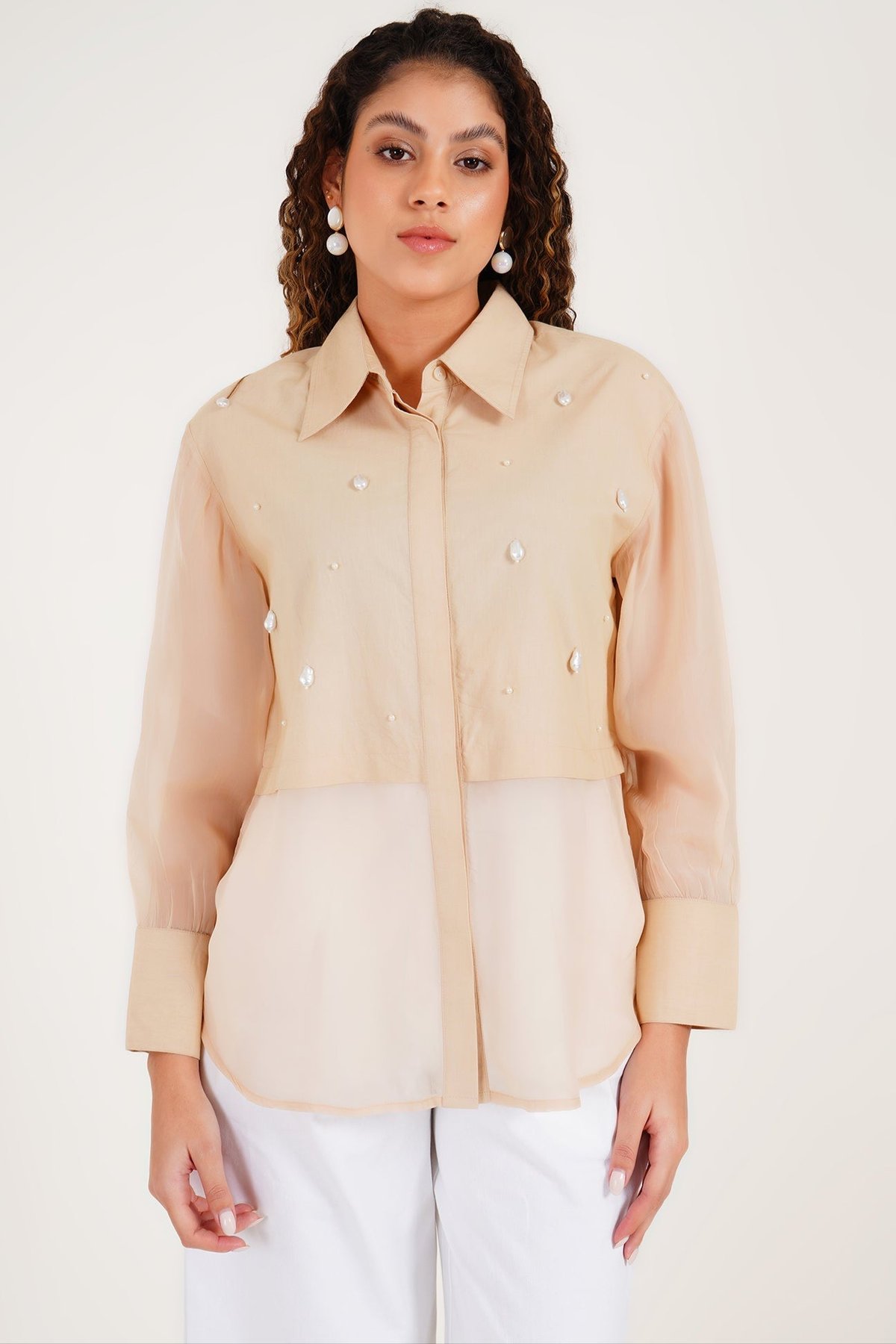 Beige Sheer Crystal-Embellished Shirt