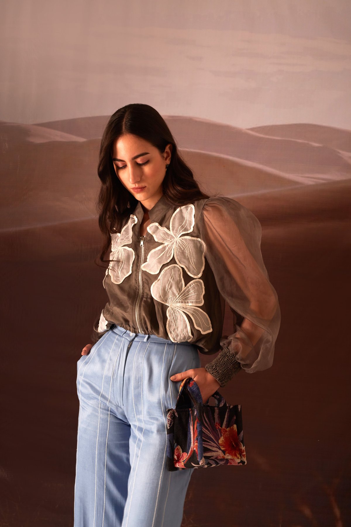 Brown Cropped Bomber Shirt with Floral Applique