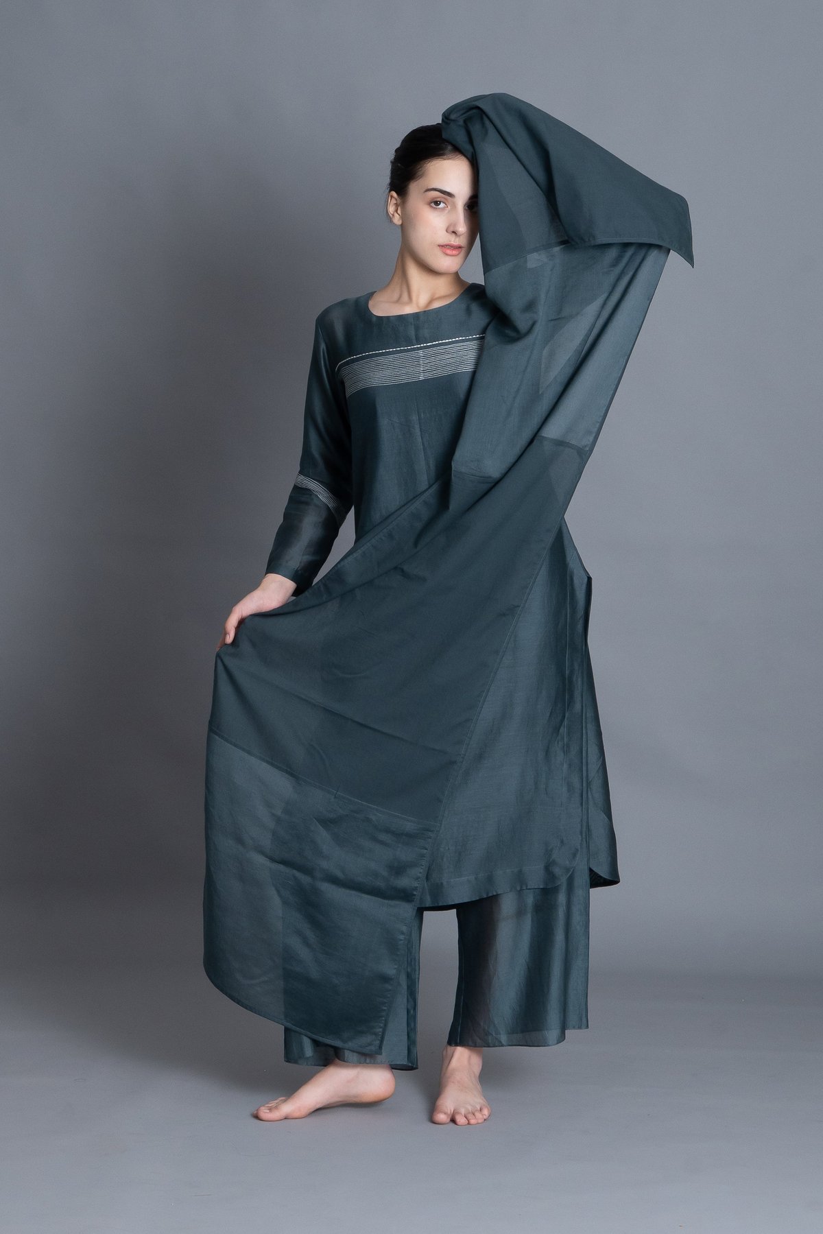 E-Mint Embroidery Dress with Bottom Co-ord