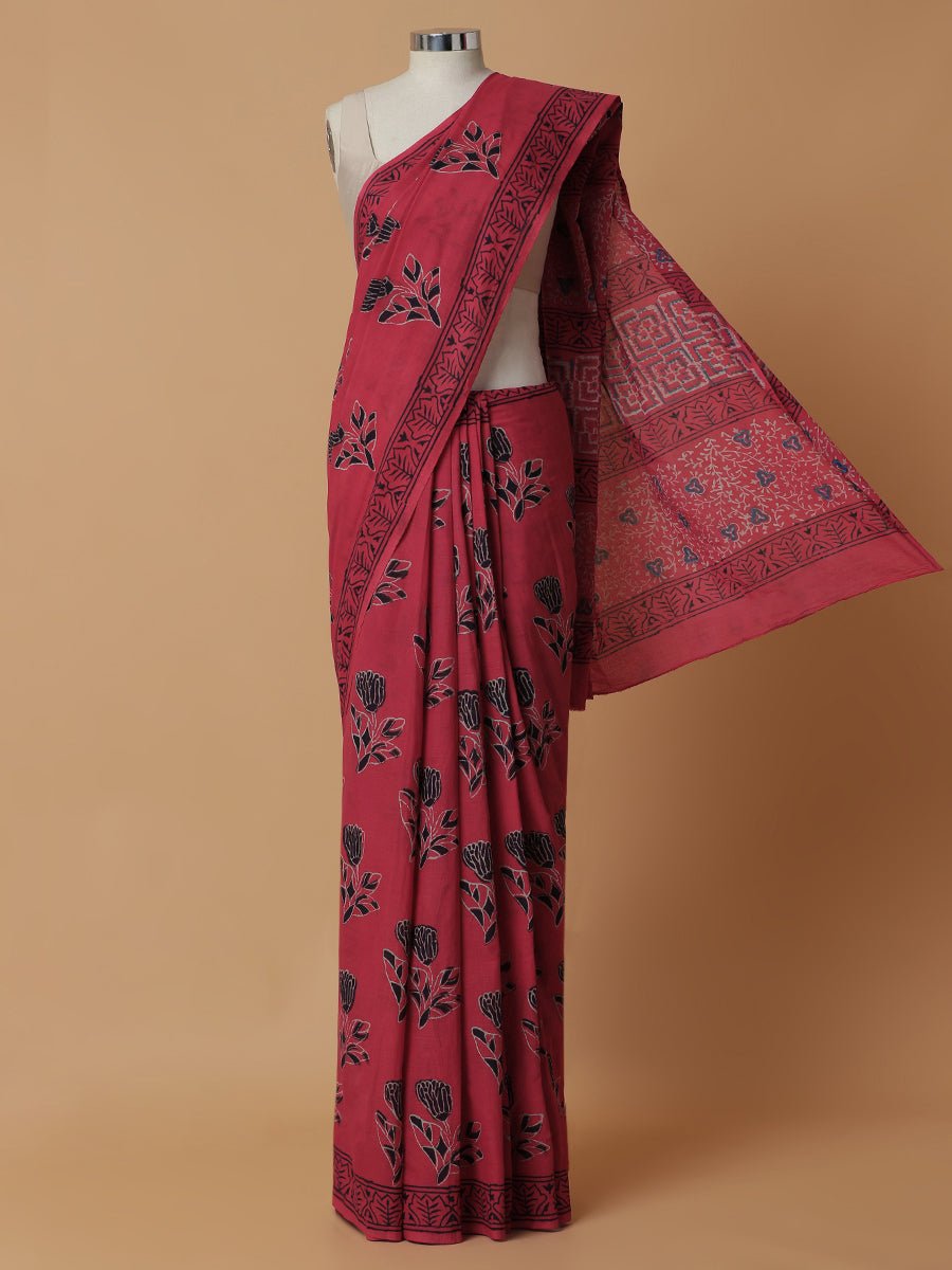 Hand Block Printed Red Cotton Mulmul Rozaana