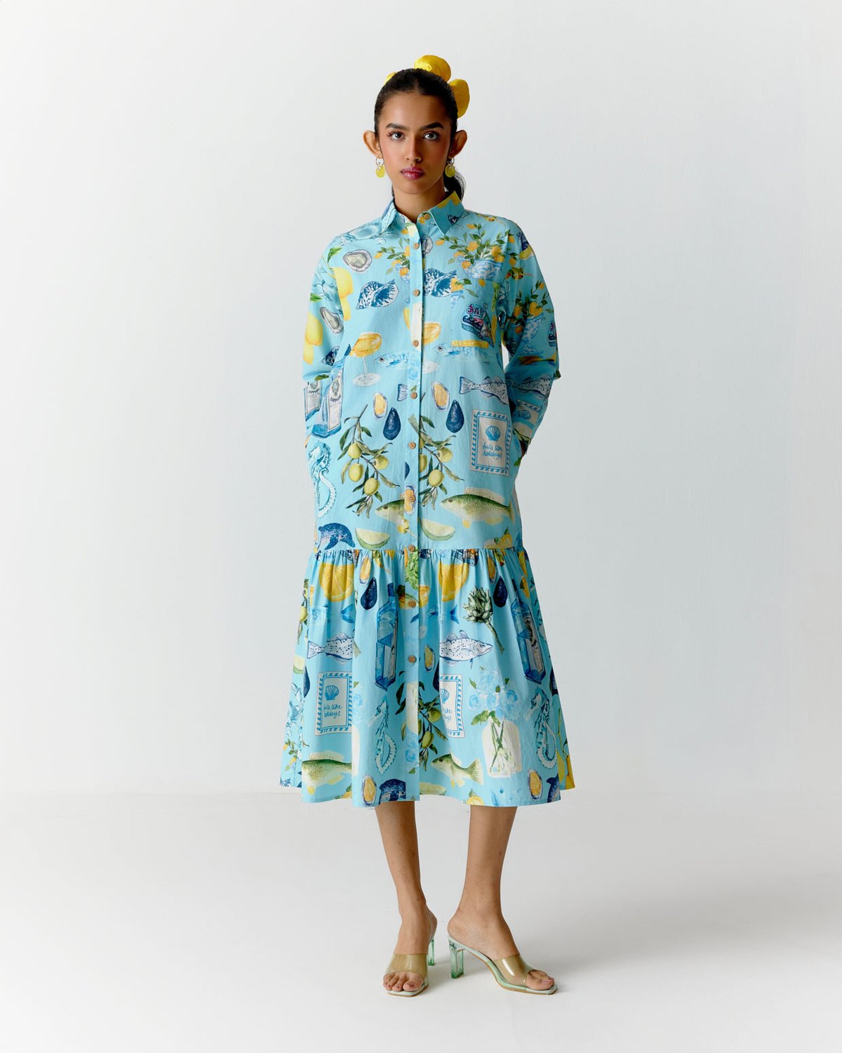 Blue Printed Cotton Poplin Shirt Dress