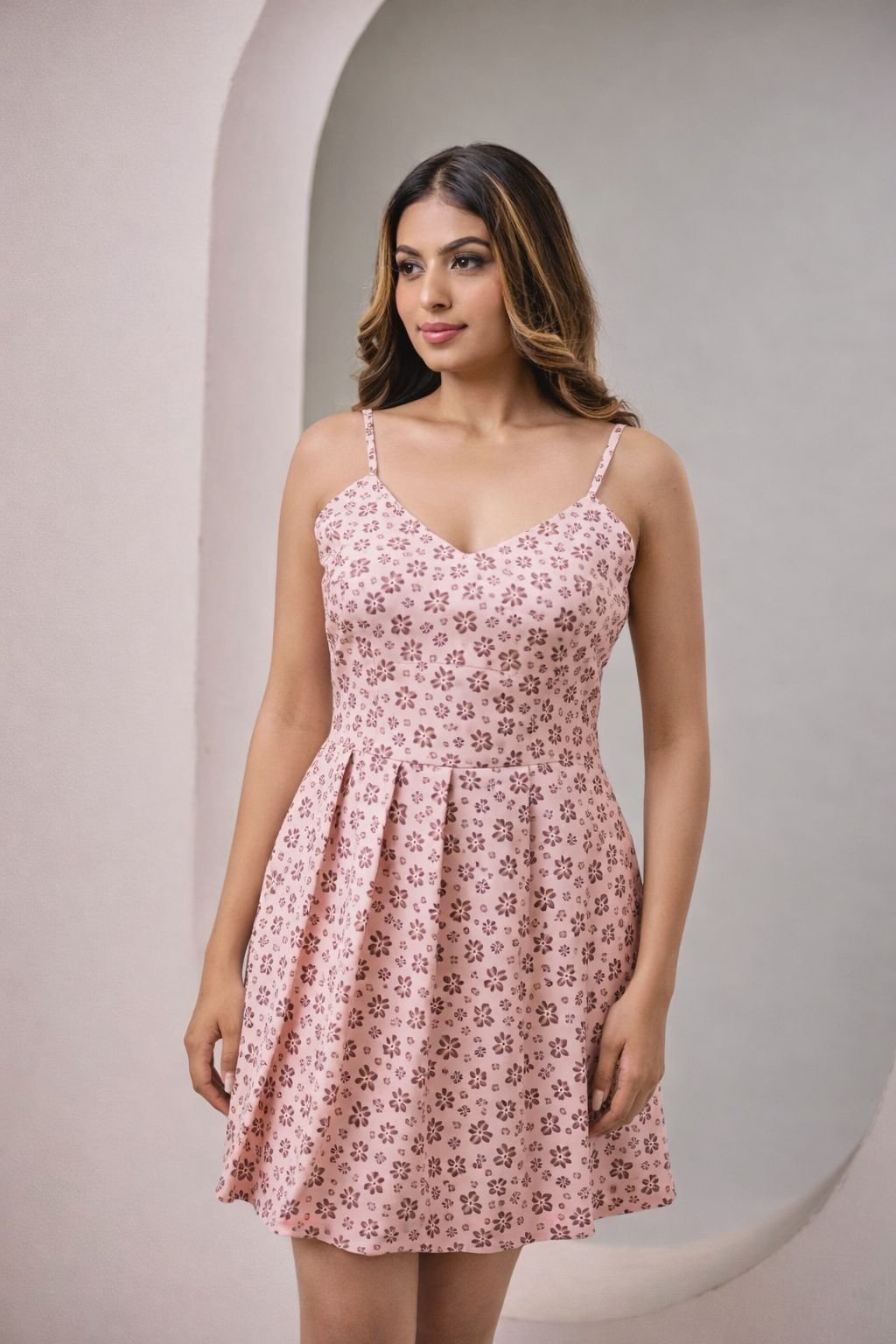 Pink Floral Fit and Flare Mini Dress with V-Neck
