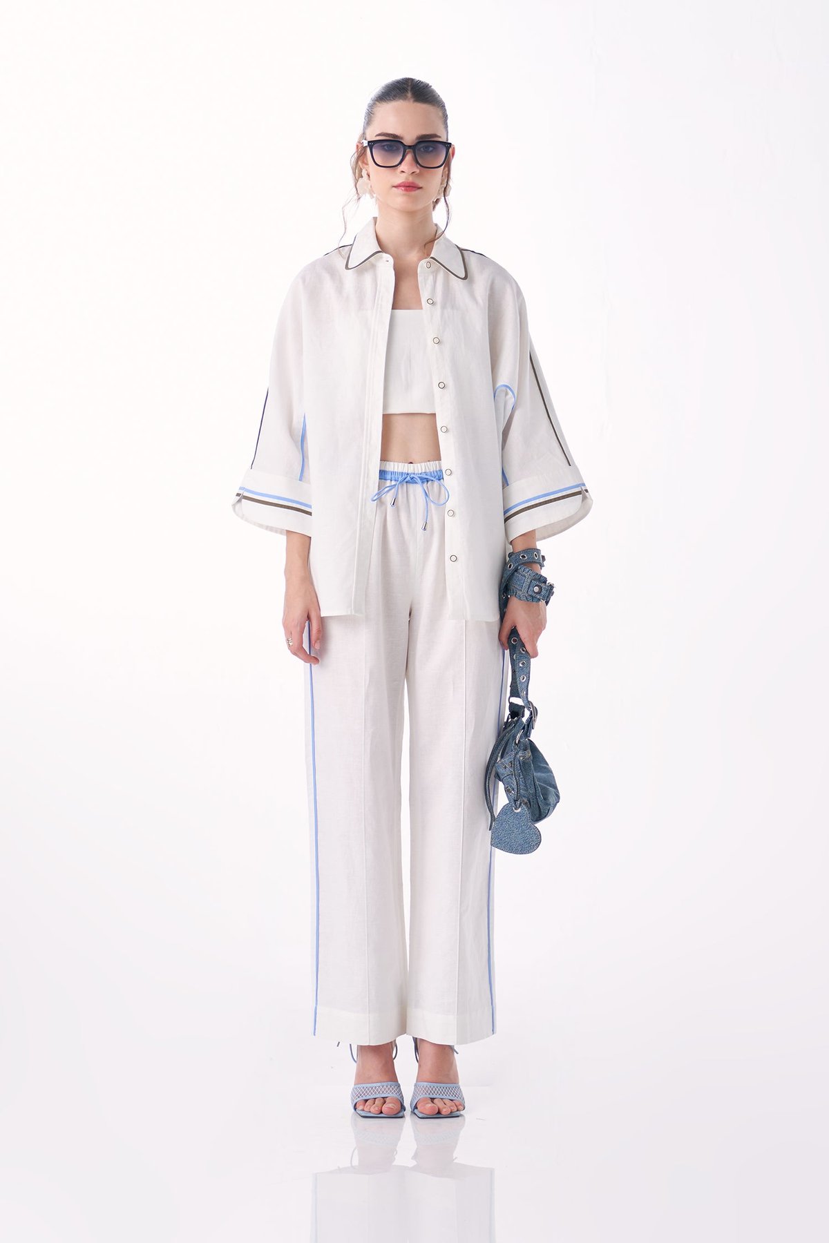 White Cotton-Linen 3-Piece Co-ord Set with Bralette