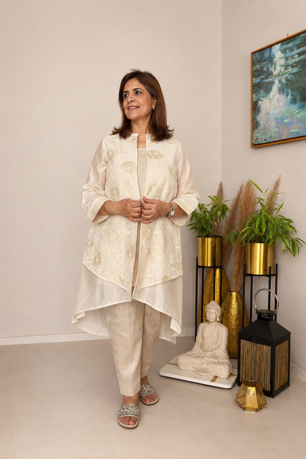 High-Low Tissue Embroidered Chanderi Jacket Set with Tissue Inner and Pants