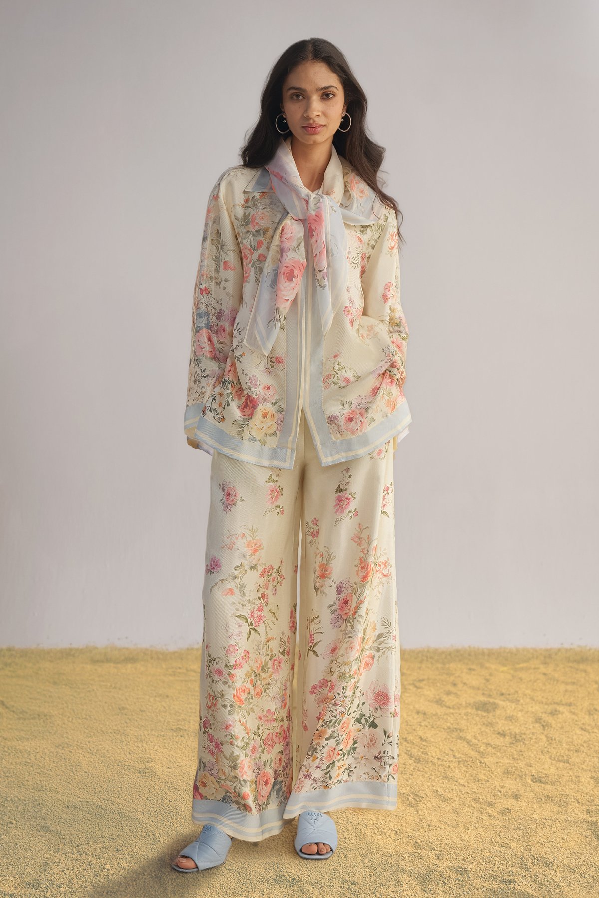 Pastel Floral Print Shirt & Scarf
