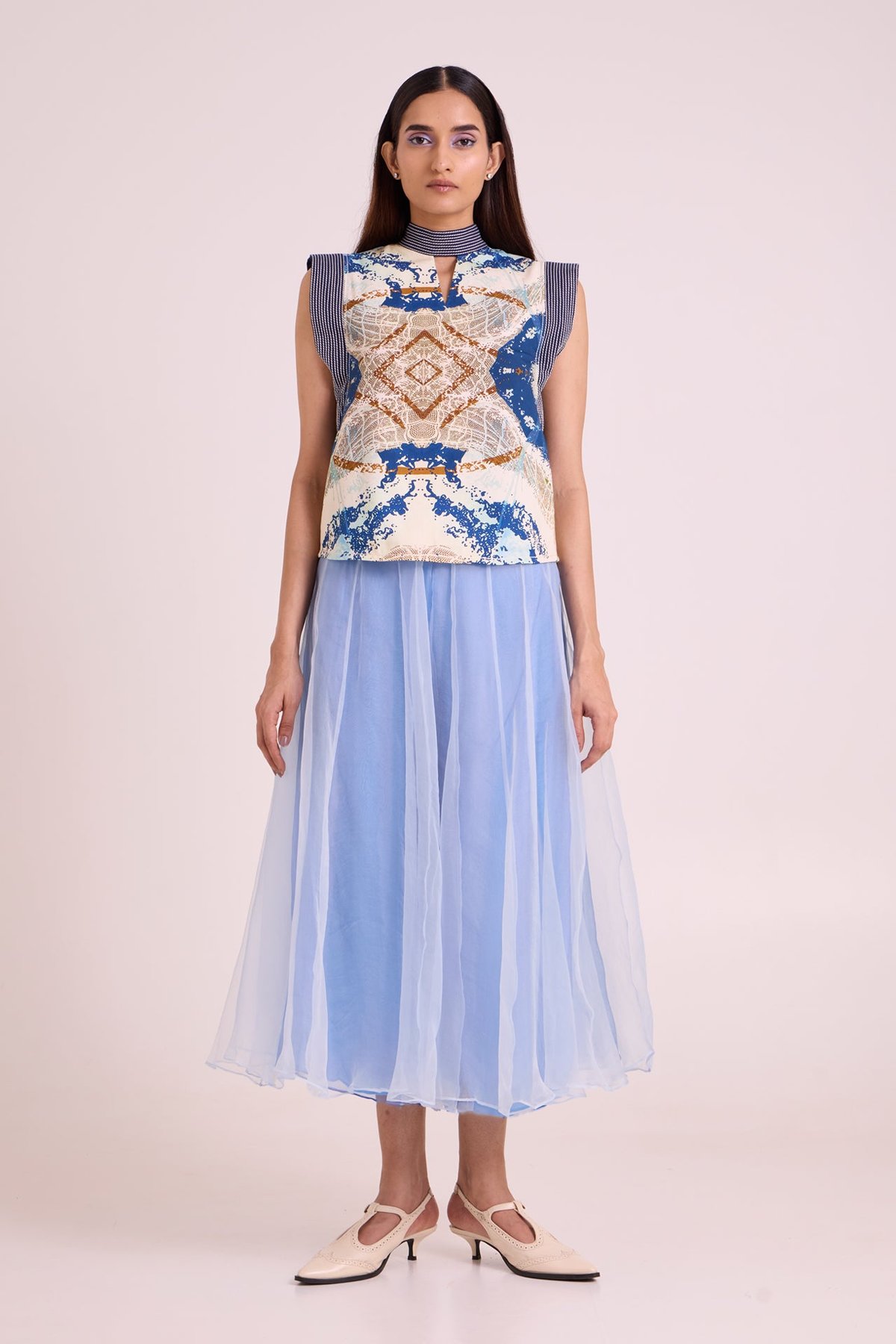 Ice Blue Printed Top and Divided Skirt Co-ord Set
