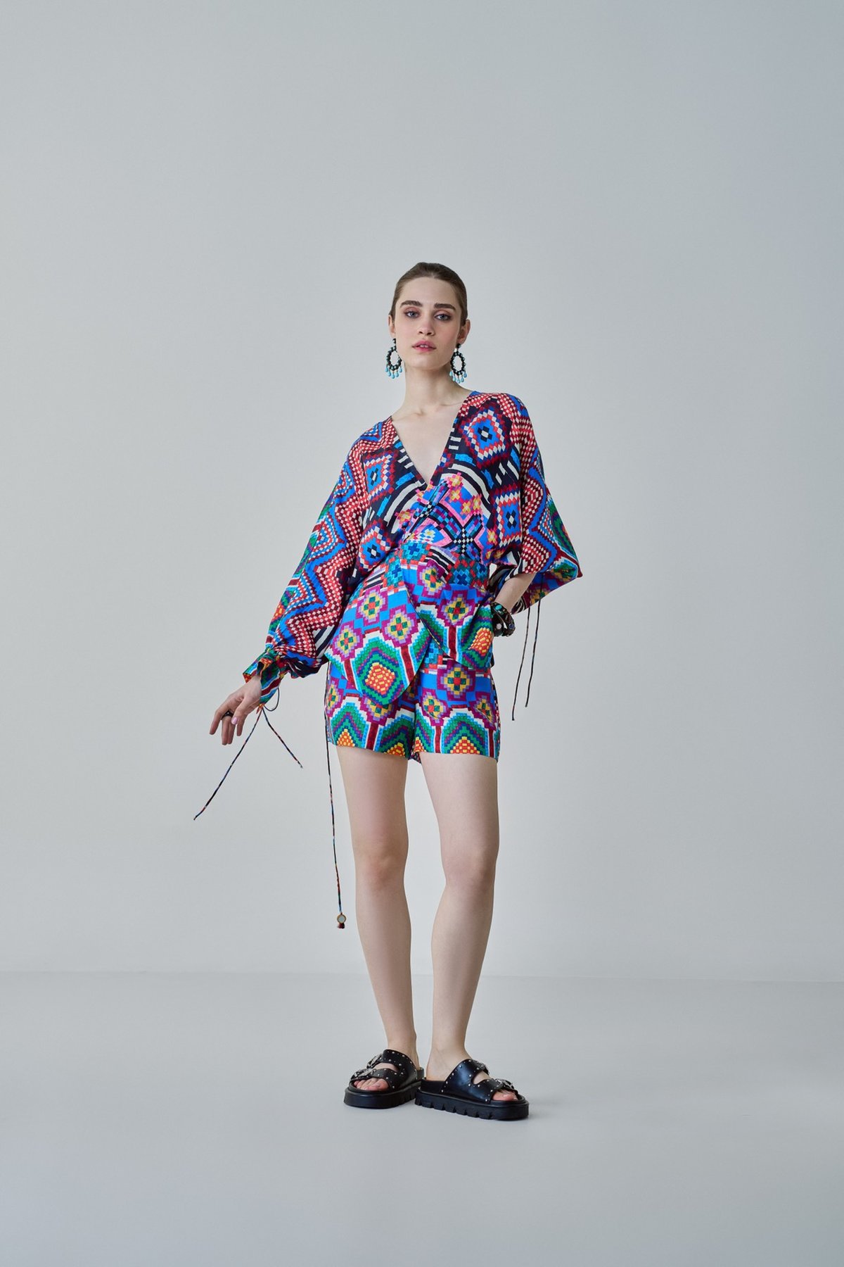 Blue/Multi Ikat-Inspired Geometric Print High-Rise Satin Shorts
